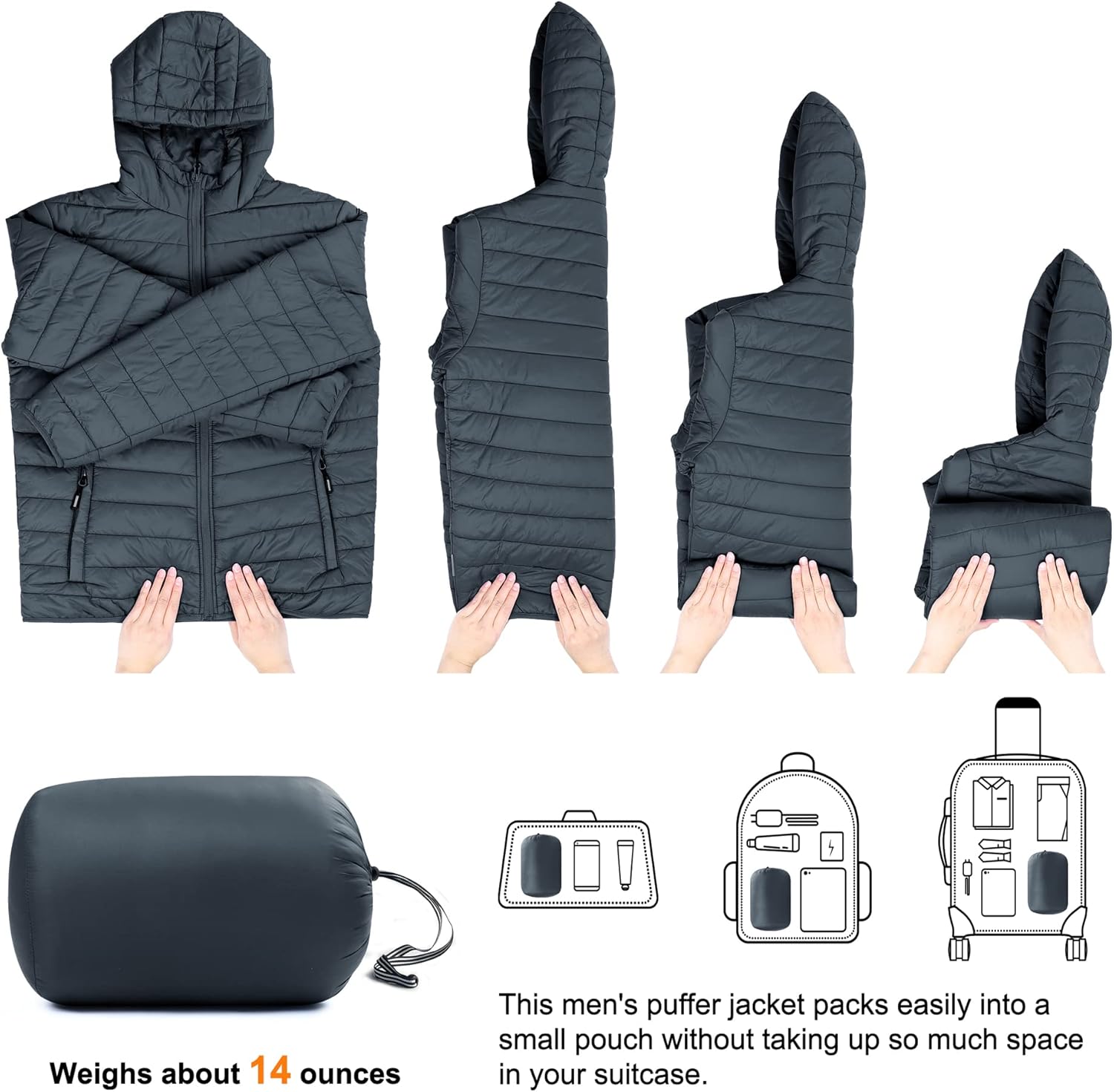 Outdoor Ventures Men's Lightweight Packable Hooded Puffer Jacket Insulated Winter Coat for Snow Ski Traveling