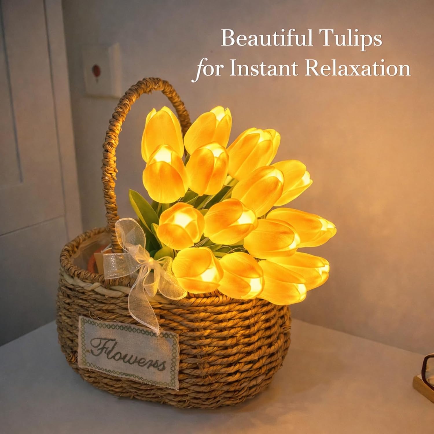 Radiant Romantic Tulip Light with Vase, Twinkling Tree Tulips Light, LED Artificial Flower Ambient Night Lamp that Never Fade,Battery Powered for Bedroom Bedside Table,Home Office Gift (Yellow, 15Pc)
