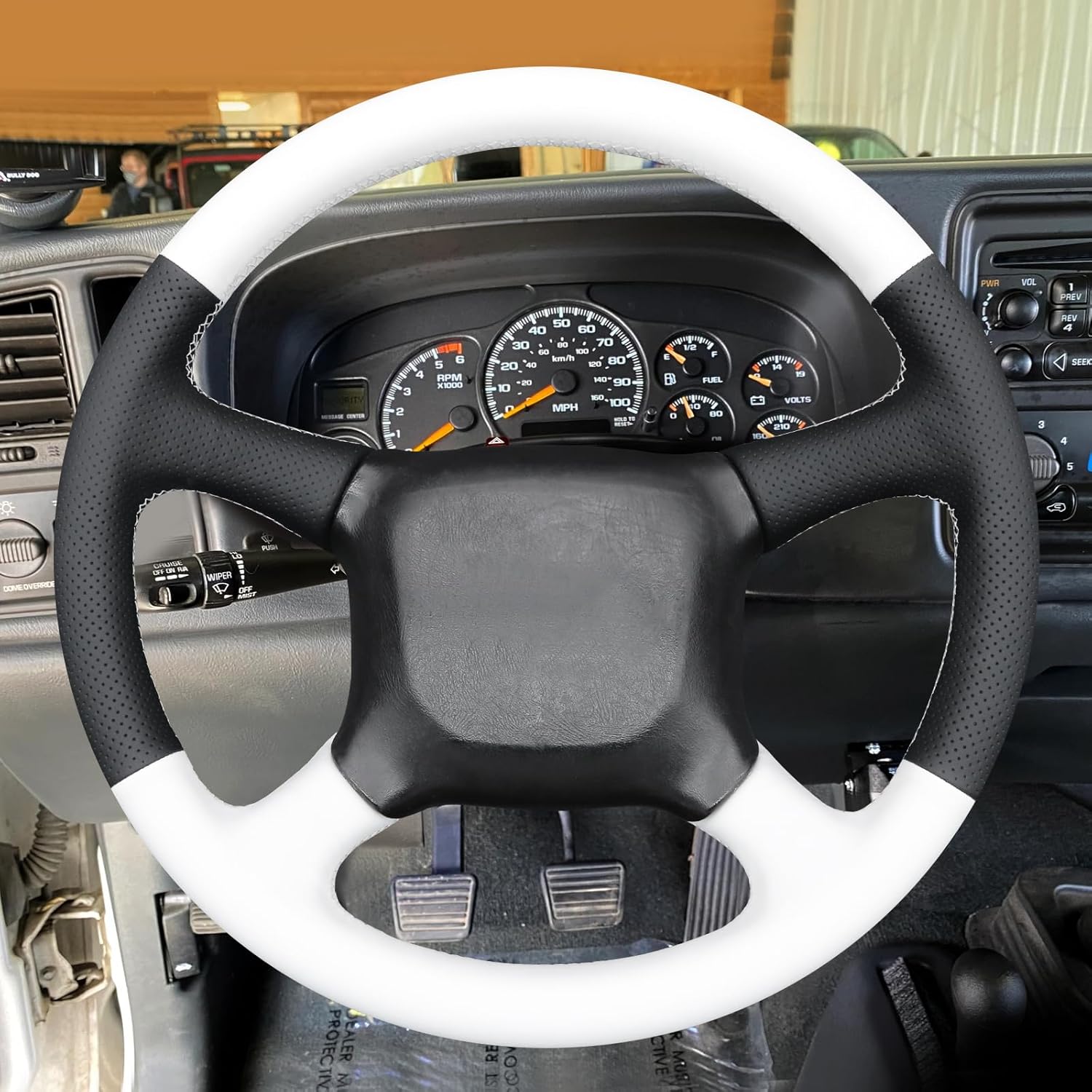 MEWANT Hand Stitch White Leather Steering Wheel Cover Wrap for Chevrolet Silverado 1500 1999-2002/Silverado 2500 1999-2002/Silverado 3500 2001-2002/Astro/Blazer/C/K 1500 Series/Kodiak/Suburban/Tahoe