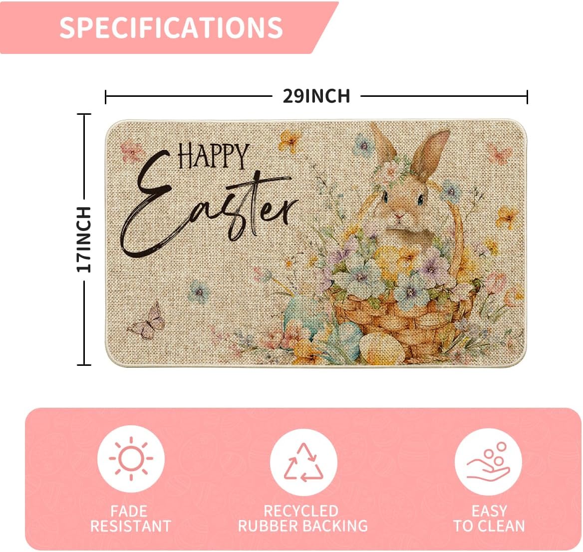 Condition photo showing New/Like New for artoid mode rabbit flowers bunny eggs butterfly happy easter doormat, home decor low-profile switch rug door mat floor mat for indoor outdoor 17x29 inch