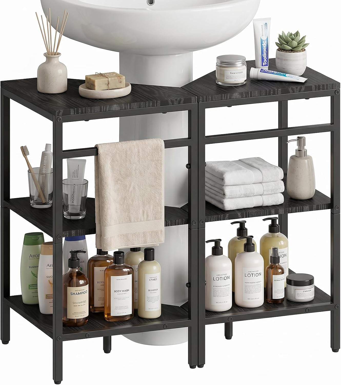 2 Pack Pedestal Sink Storage, Under Pedestal Sink Shelf, Black | 3-Tier Divided Layout; Large Storage Space; Sturdy Construction; Adjustable Foot Pads; Multi-Scene Application