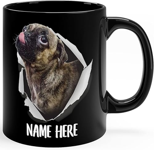 Divertida taza de café personalizada con nombre personalizado de Pug Brindle, regalos de Navidad 2023, tazas de cerámica, color negro, 11 onzas