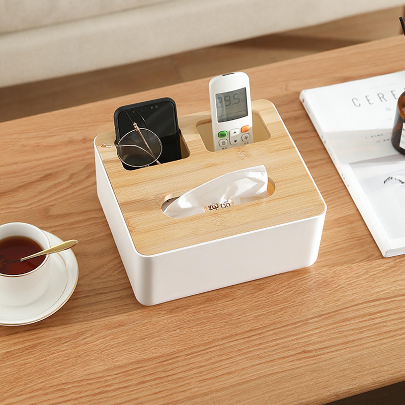 Wood Tissue Box Cover, Rectangular Tissue Box Holder for Storage, Facial Tissue Dispenser Box Case Storage Box Napkin Container for Home and Office (Square with Grid)