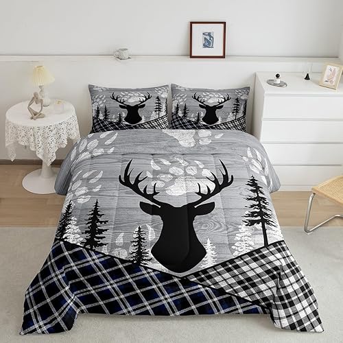 Juego de edredón rústico con diseño de ciervos y ciervos de bosque, tamaño Queen para adolescentes y hombres, juego de ropa de cama de pinos con