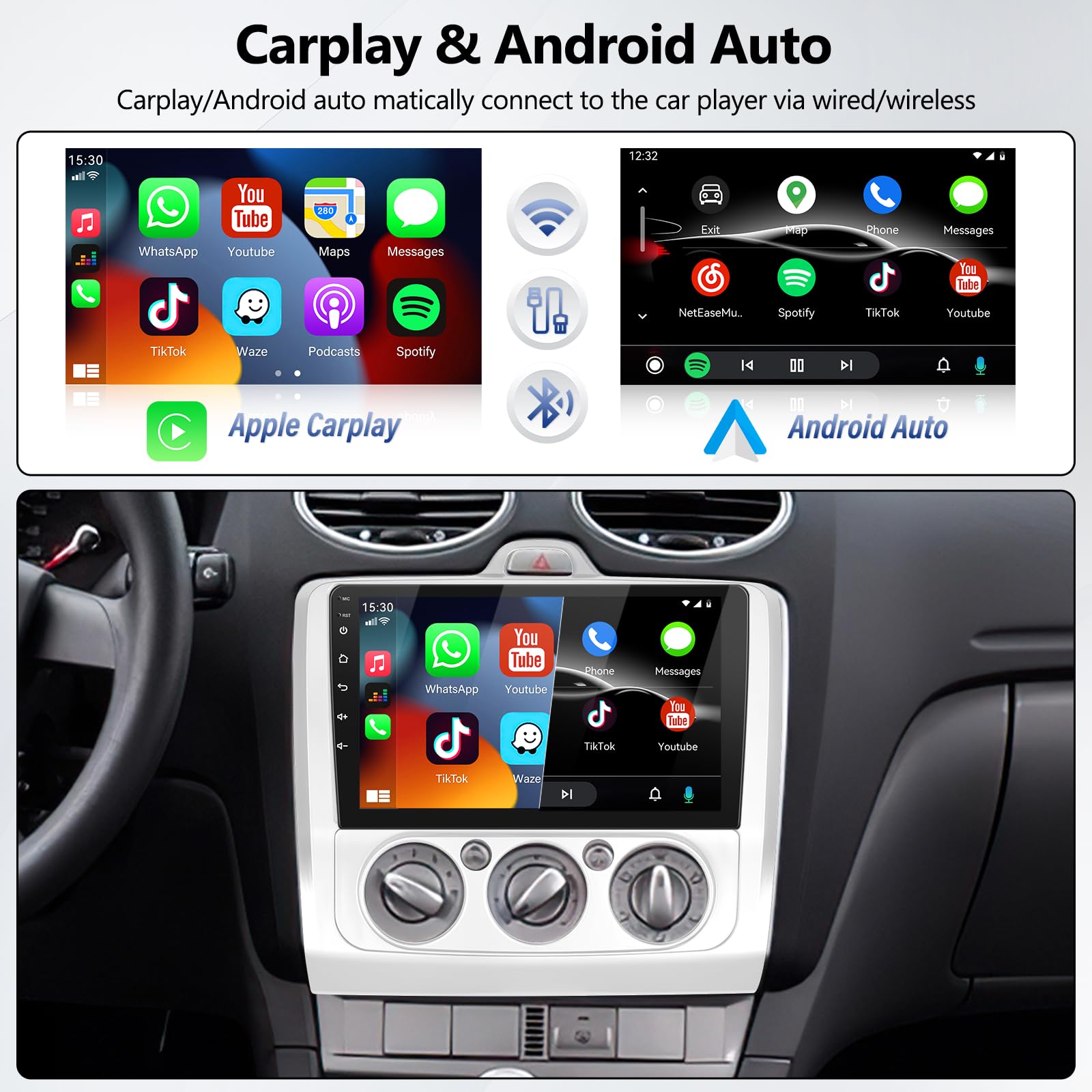 Android 13 2 Din Autoradio für Ford Focus Mk2/Mk3 2004-2011 mit Carplay Android Auto, 9 Zoll HD Touchscreen Radio Player mit Bluetooth WiFi GPS FM EQ Mirror Link