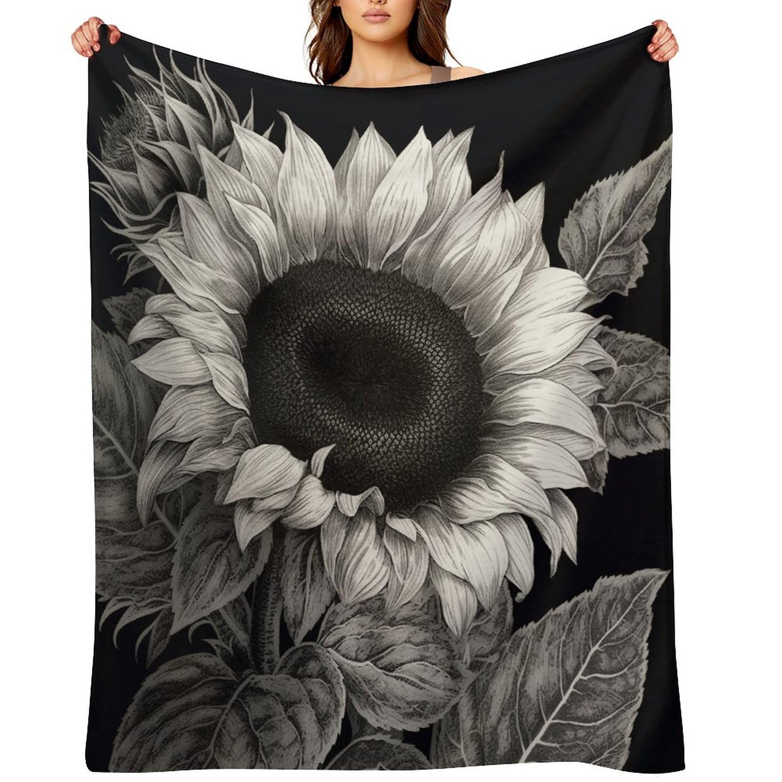 Sunflower Black Grey Throw Blanket for Couch and Bed Super Soft Warm Lightweight Throw Blankets Cozy Fuzzy Flannel Blanket Personalized Decorative Blankets for Sofa Decor 60"x80"