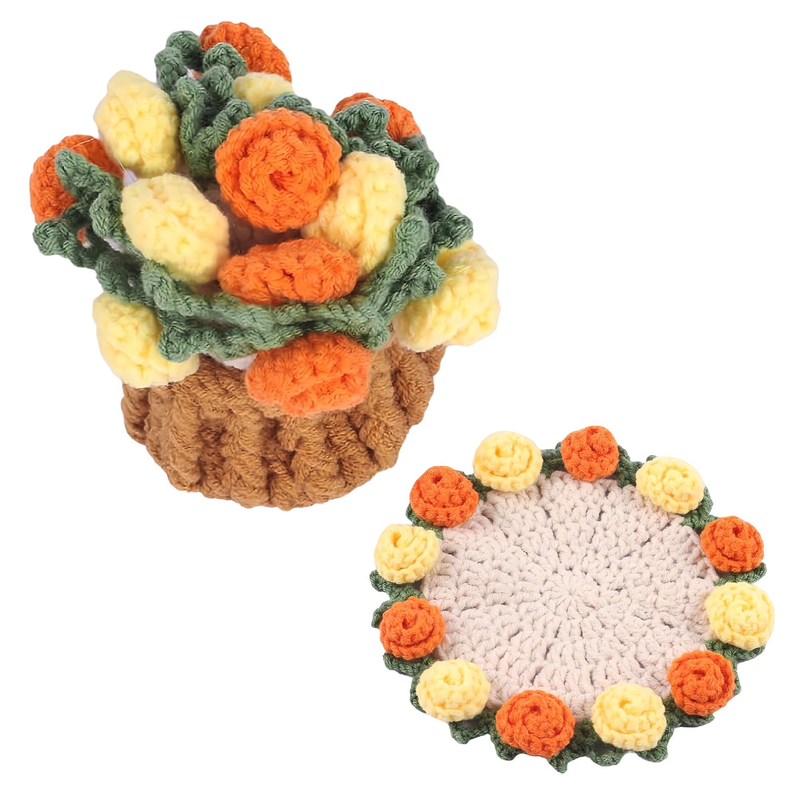Richaa Crochet Orange Yellow Rose Flower Bouquet Coaster with Mini Basket, Handmade Knitted Boho Floral Coasters, Romantic Gift for Mother's Day Birthday Home Decor Valentine's Day Anniversary