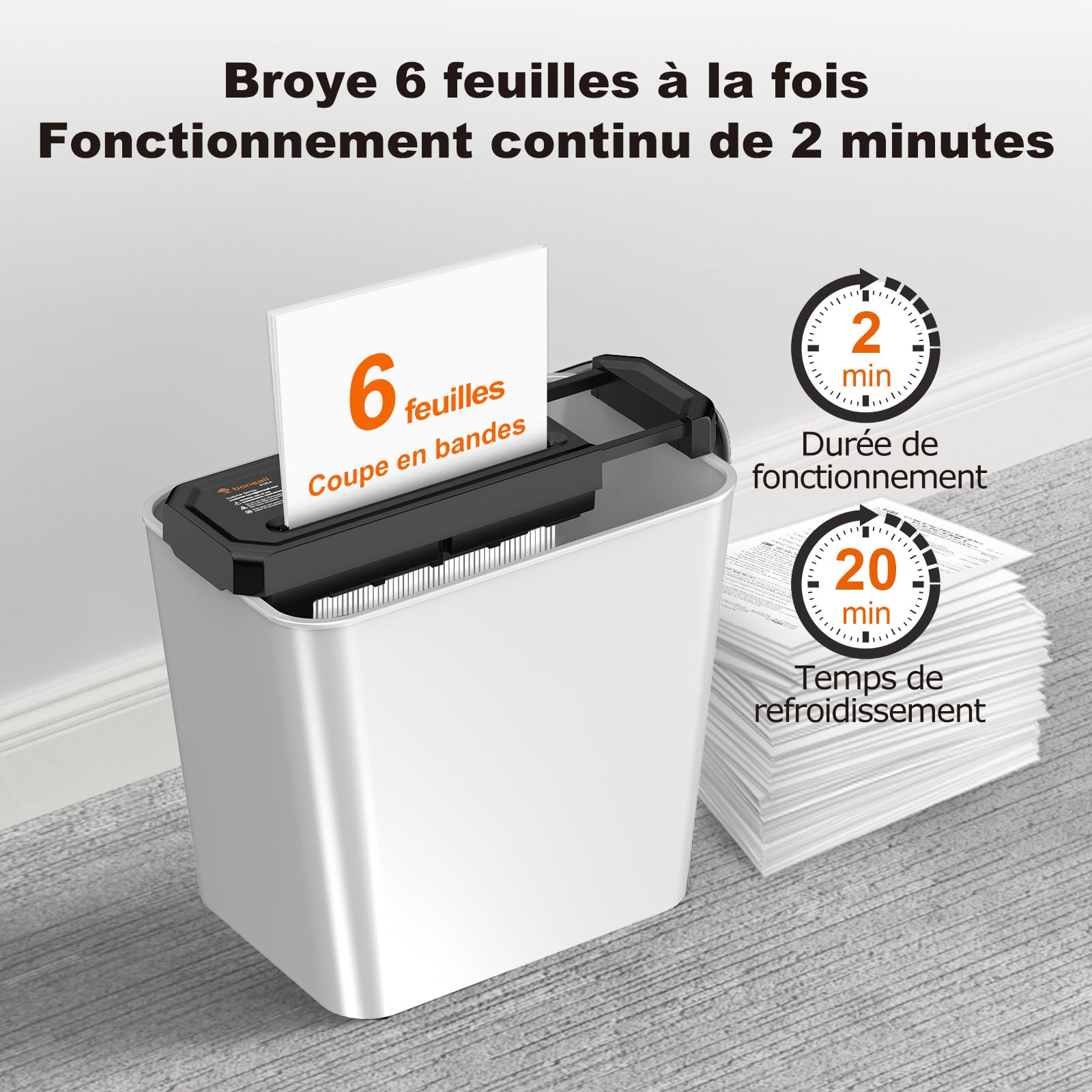 Bonsaii Destructeur de Documents 6 Feuilles Niveau Sécurité P-2 Portable Poignée Rétractable S125-A