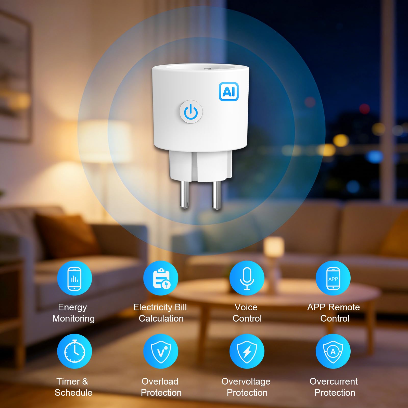ANTELA Presa Smart AI con Misurazione del Consumo Elettrico | 16A 3680W, Compatibile con Google Home/Alexa, Smart Life APP, Wifi 2,4GHz, 4 Pezzi