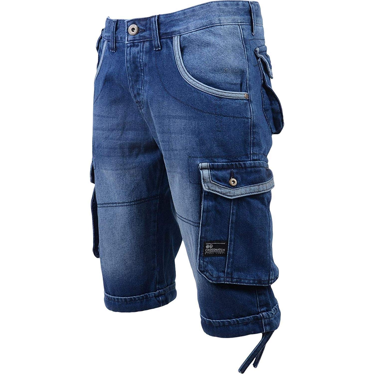 Crosshatch Men's Mid Wash - Newberg 19 Kanaster Denim Multipocket Cargo Designer Shorts