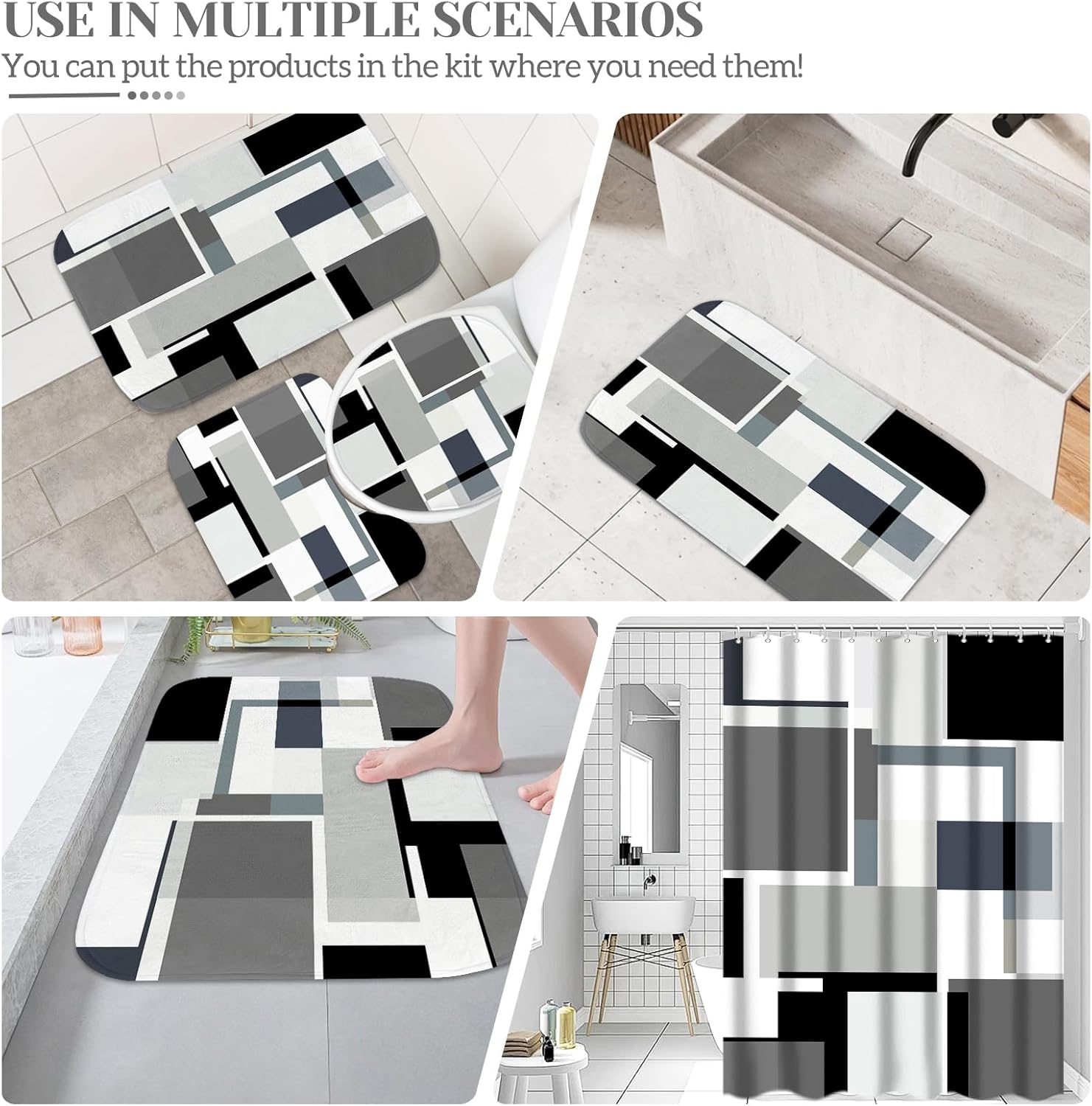 4 Pcs Bathroom Sets with Shower Curtain and Rugs,Grey Geometric Bathroom Shower Curtain Sets with 12 Hooks, Grey and Black Modern Abstract Bathroom Sets with Rugs and Accessories for Bathroom