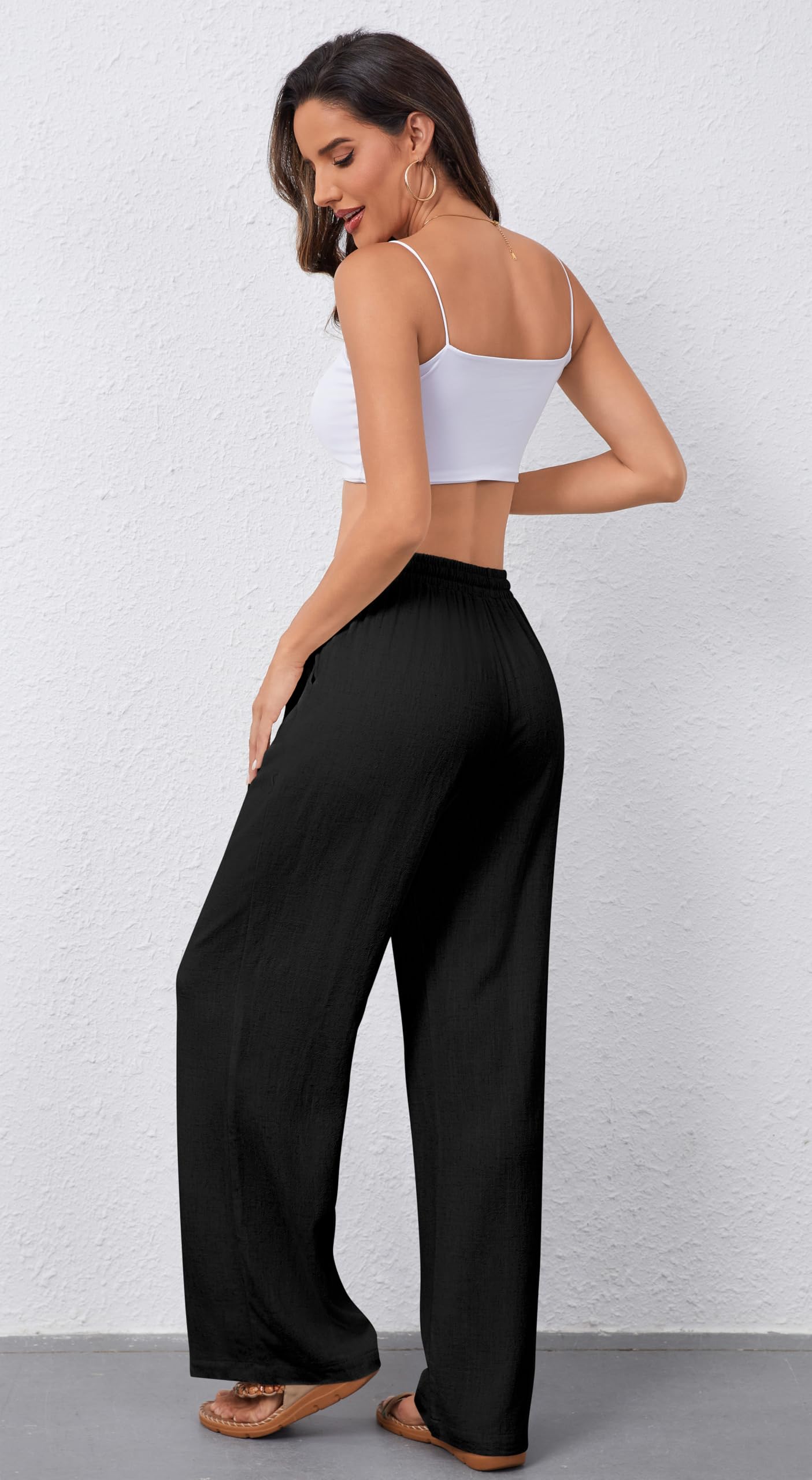 NONSAR Pantalon pour Femme en Coton avec Cordon de Serrage Pantalon en Lin Taille élastique Décontracté Coupe Ample Jambes Larges avec Poches Léger Couleur Unie Pantalon de Plage