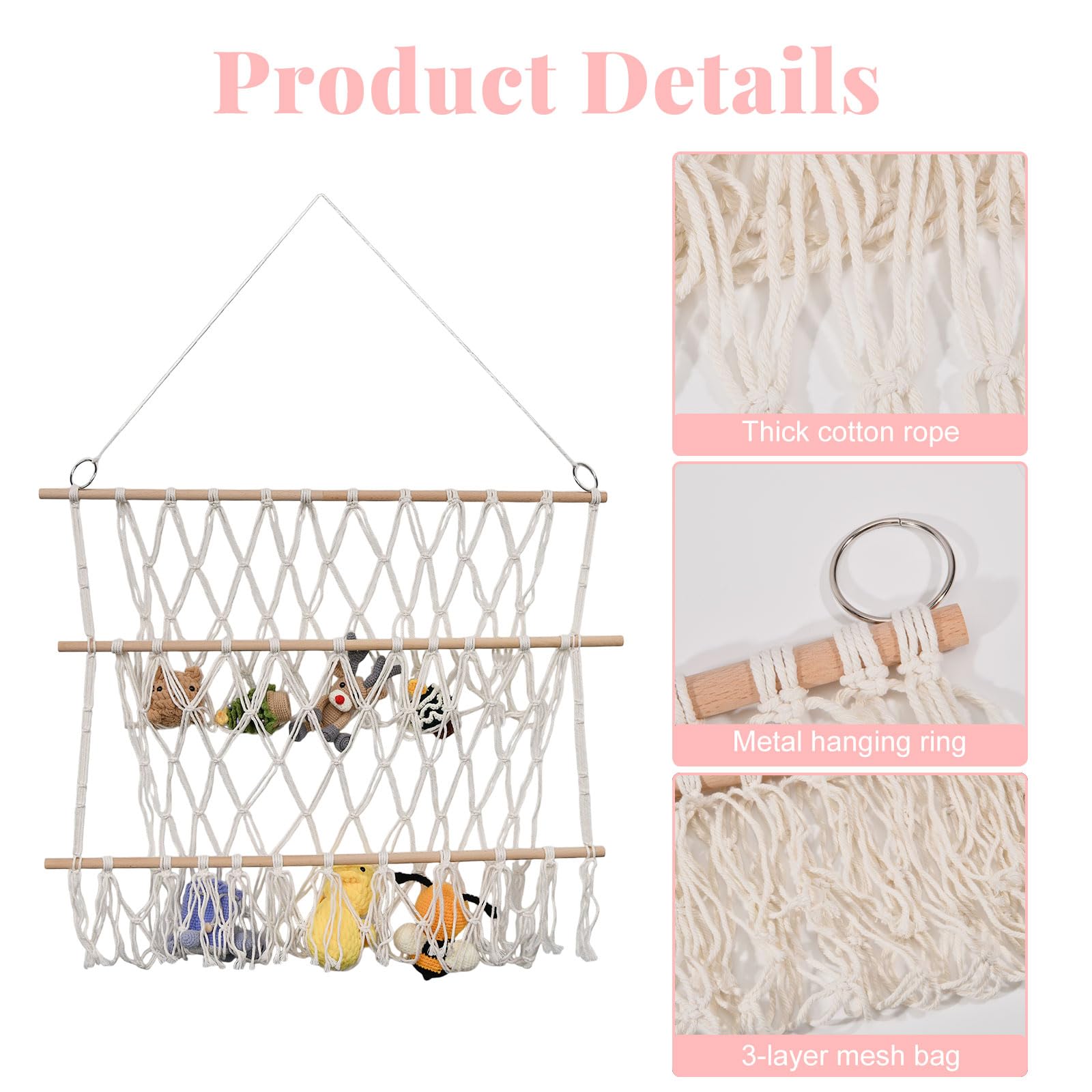 FREEBLOSS Hamaca para peluches, red colgante de pared, 2 capas, macramé, hecha a mano, hamaca de esquina para juguetes de peluche, organizador colgante, soporte para sala de juegos, dormitorio (30 x