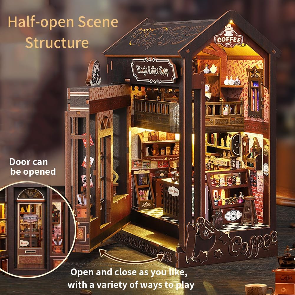 DIY Miniature Coffee Shop Book Nook Kit, LED Light, Dollhouse Model 3D Puzzle, Assembly Bookend for Adult