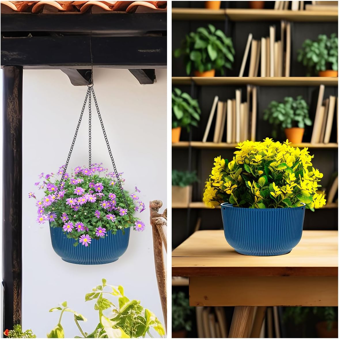 RooTrimmer Hanging Planters 9/10/11 Inch for Indoor Plants, 3 Pack Plant Hanger Outdoor with Drainage Holes, Self Watering Hanging Basket Flower Pot for Garden Home Decor, Dark Blue