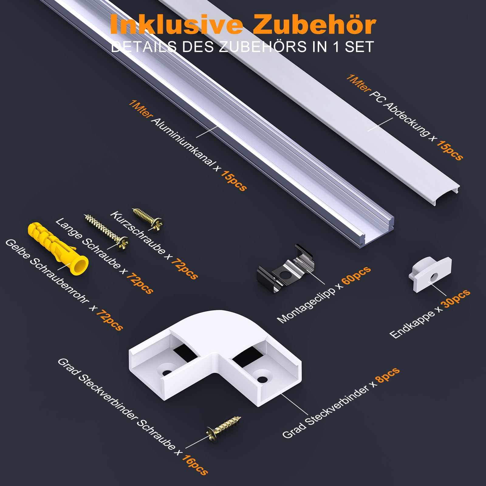 Chesbung LED Aluminium Kanal für Led Streifen/Stripes 12mm, 15X1m U Form Leiste Profil Aluprofil, Strip Schiene Streifen Diffusor mit Milchig Weißer Abdeckung, Montageclips und 90 Grad Eckverbindern
