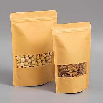 100Pcs Kraft Paper Bag with Window,Sealed Brown Stand Up Pouches 10x15cm