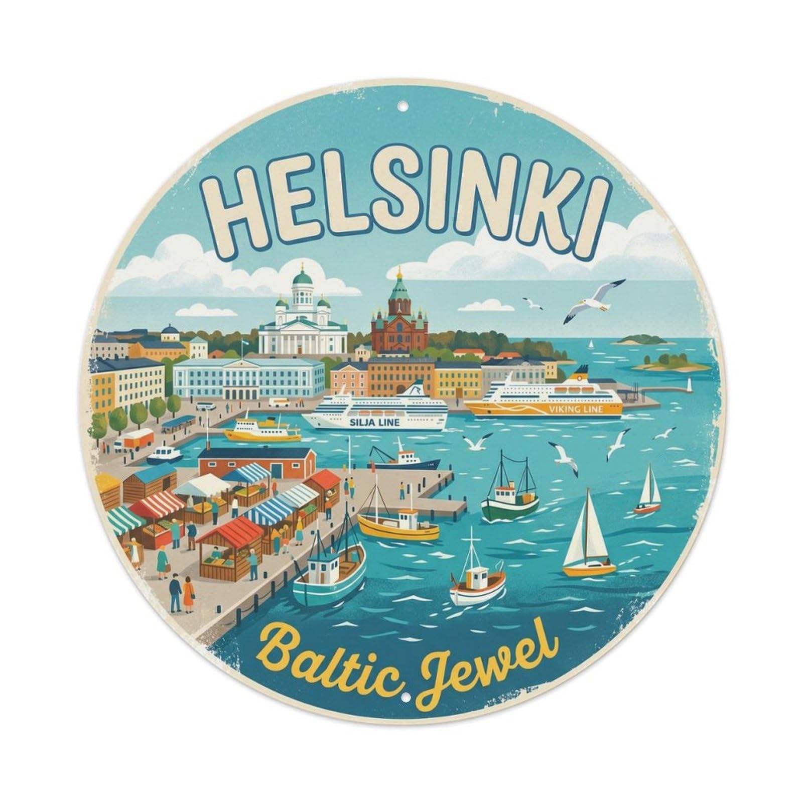 Cmhok Vintage Style Vintage Travel Helsinki Finland Harbor Metal Tin Sign Plaque Wall Decor For Cafe, Club, Garden Round Metal Poster 8X8inch