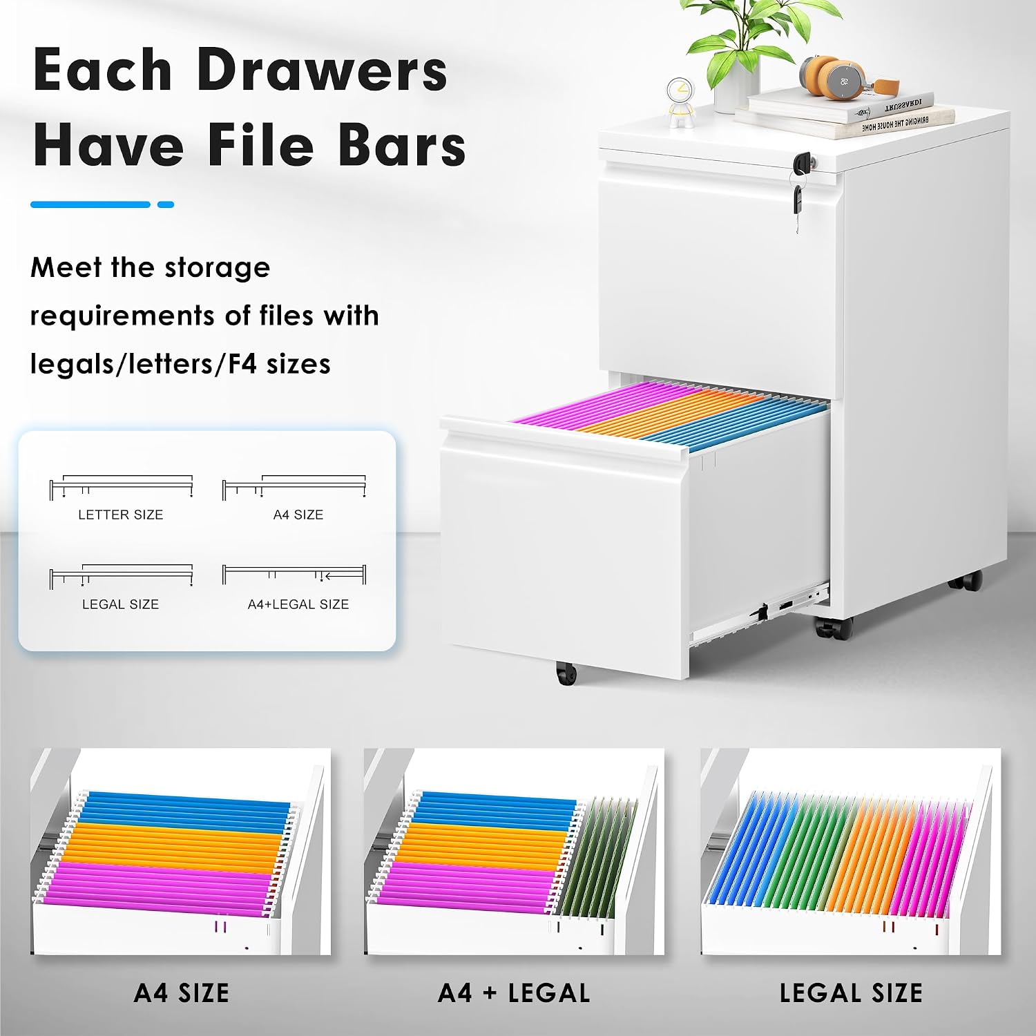 Pataku 2 Drawer File Cabinet, Small File Cabinets with Lock, Metal Rolling Filing Cabinet with 2 Drawer, Filing Cabinets for Home Office Fit A4/Letter/Legal, Easy Assembled, White