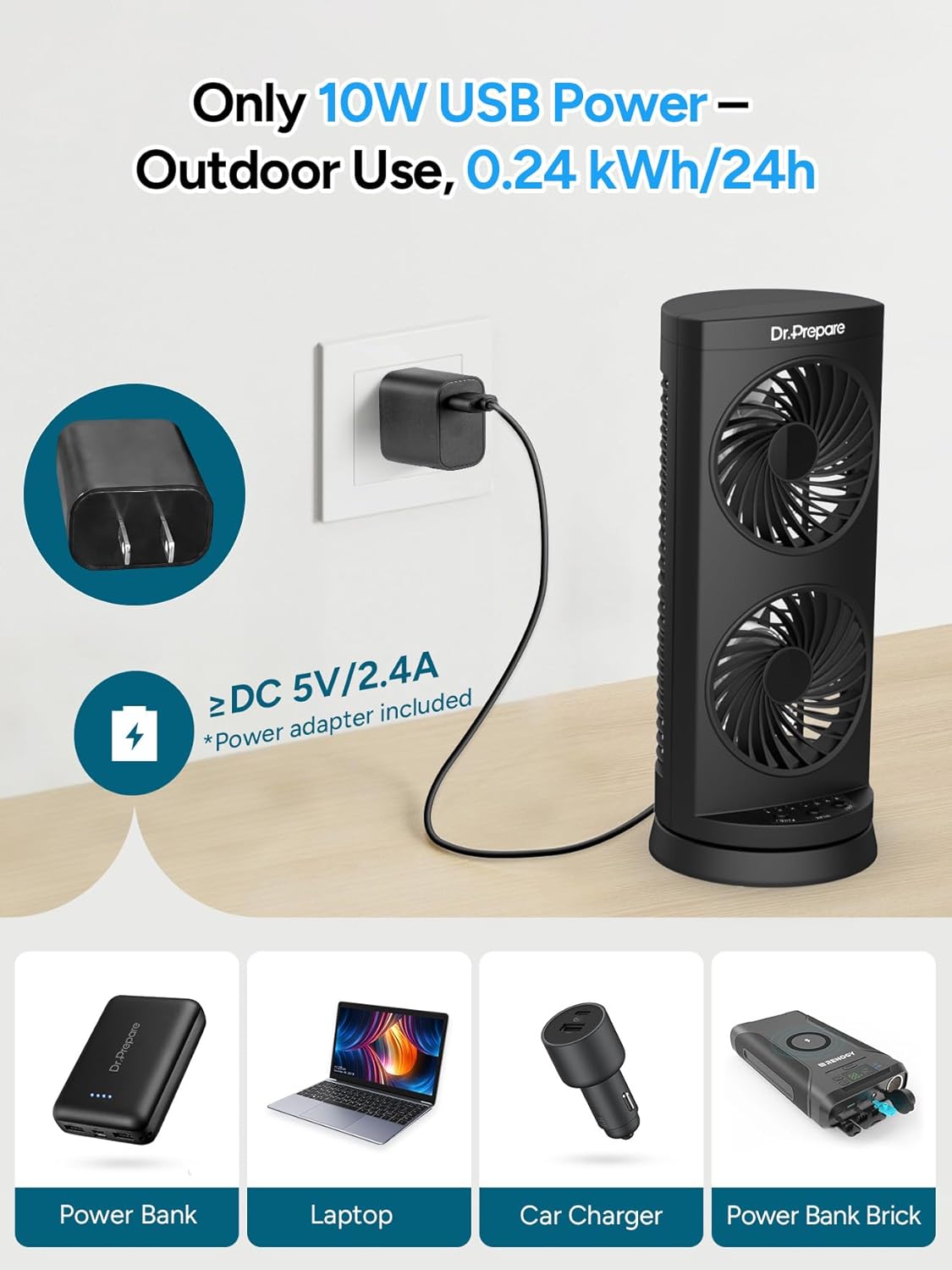 Dr. Prepare Tower Fan DC Oscillating Fan, Portable Desk Fan with 3-Speed Options, Dual Air Circulation, 110° Oscillation, 3 Timers, Personal Quiet Table Fan for Home Office Desktop Bedroom, 13 inch