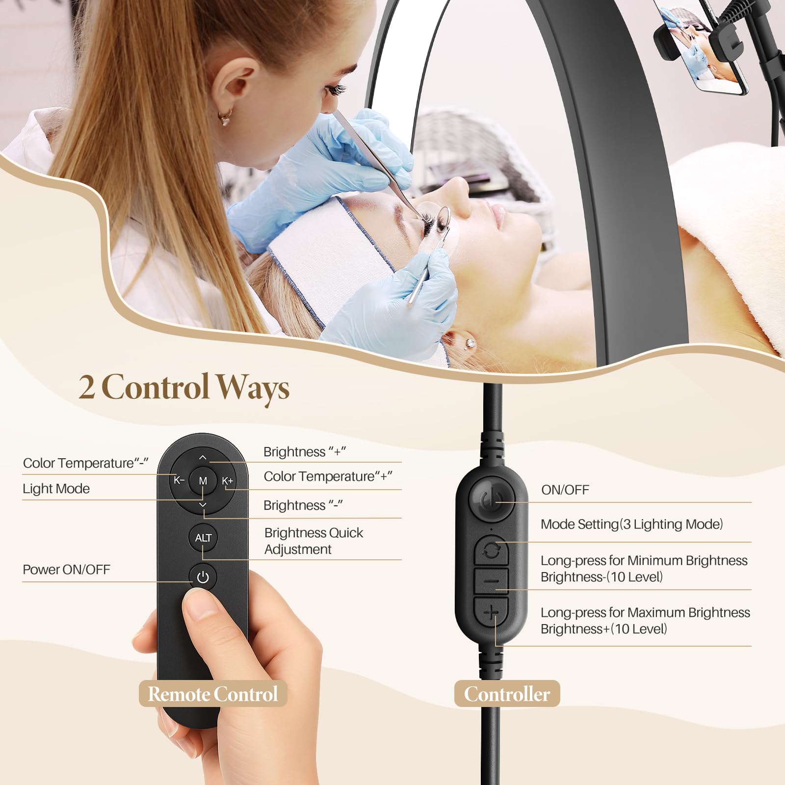 LED Halbmond Wimpern Lampe: Drehbar 360° Halbmond Beauty Lichter Stehlampe mit Telefonhalter - Dimmbares Wimpernverlängerung Lampe für Beauty,Tätowierer, Make-Up Artists - Schwarz