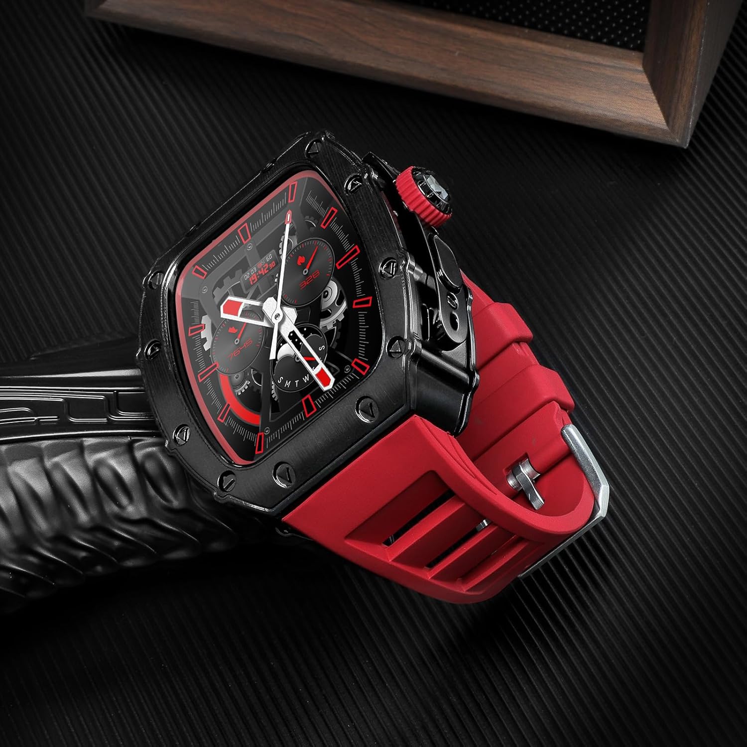 For Apple Watch Ultra Band 49mm Case, Luxury Rugged Metal Cover Screen Protector Fluoroelastomer Strap for iWatch Ultra Series 49mm Replacement Strap Heavy Duty Bumper Case for Men (49mm, Red) - Image 3