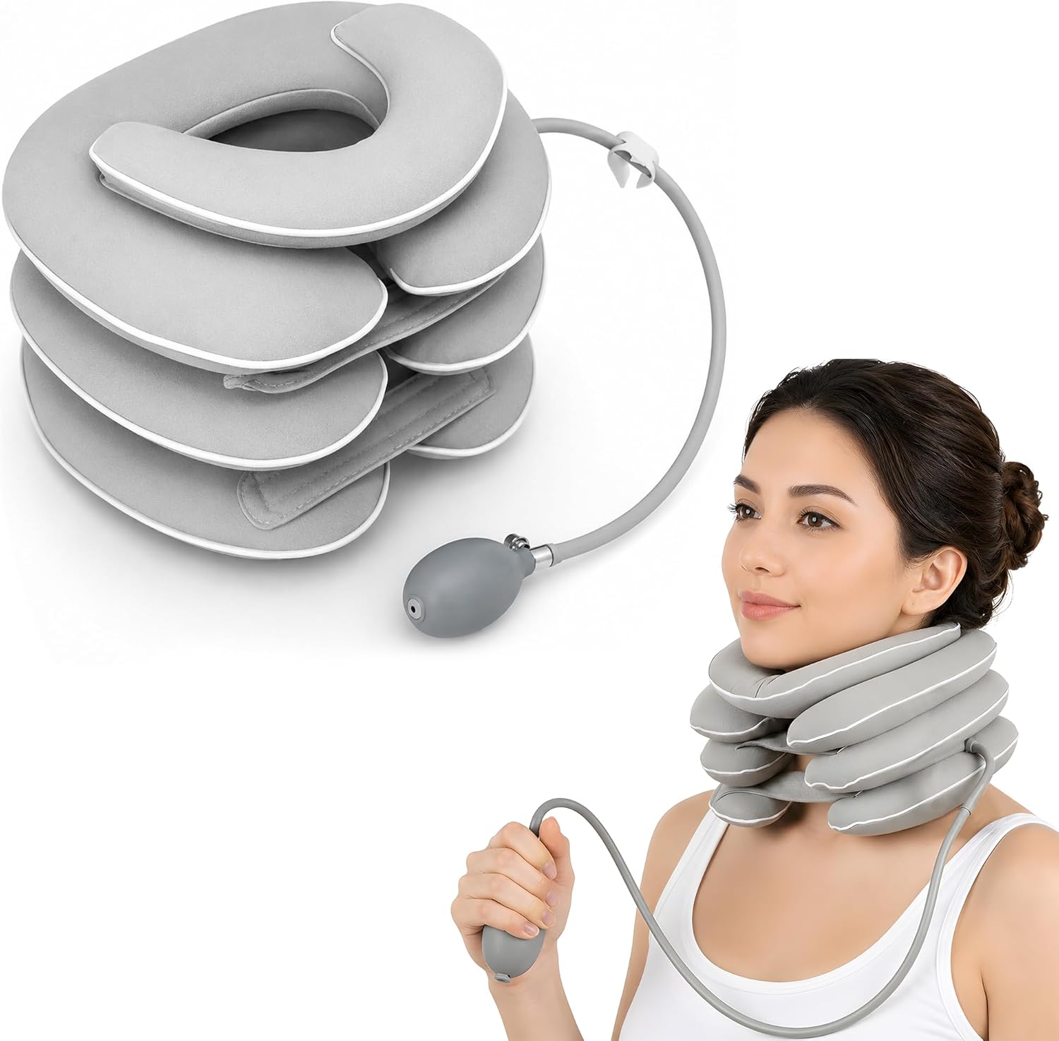 Neck Stretcher for Pain Relief, Adjustable Inflatable Cervical Traction Device, Neck Brace for Home Use, Supports Neck Decompression & Spine Alignment, Gifts for Women (Grey)