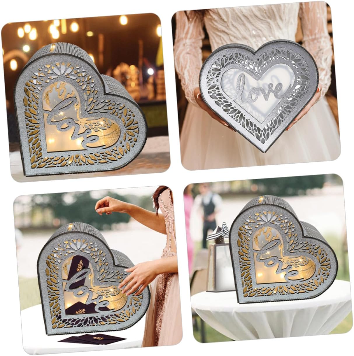 Wooden Heart-shaped Greeting Card Box Hollow Glitter Decor Portable Wood Storage Box for Wedding, Birthday, Valentine’s Day Reception and Card Holder Collection