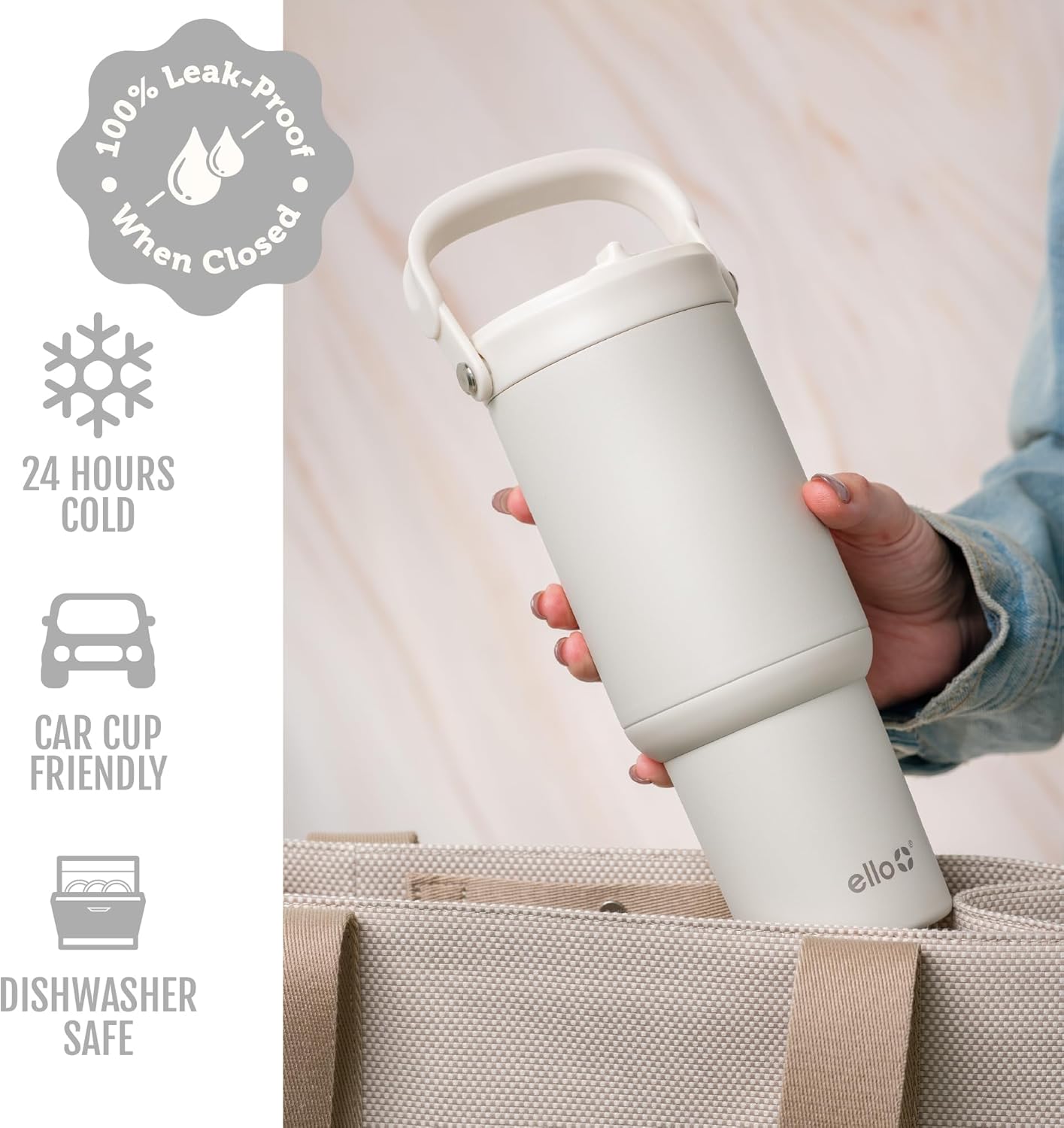 Ello Oasis Go+ 26oz Tumbler with Top Handle and Retracting Straw | Reusable Insulated Stainless Steel Cup, 100% Leakproof Water Bottle, 24 Hours Cold, Cup Holder Friendly For Travel | Mineral
