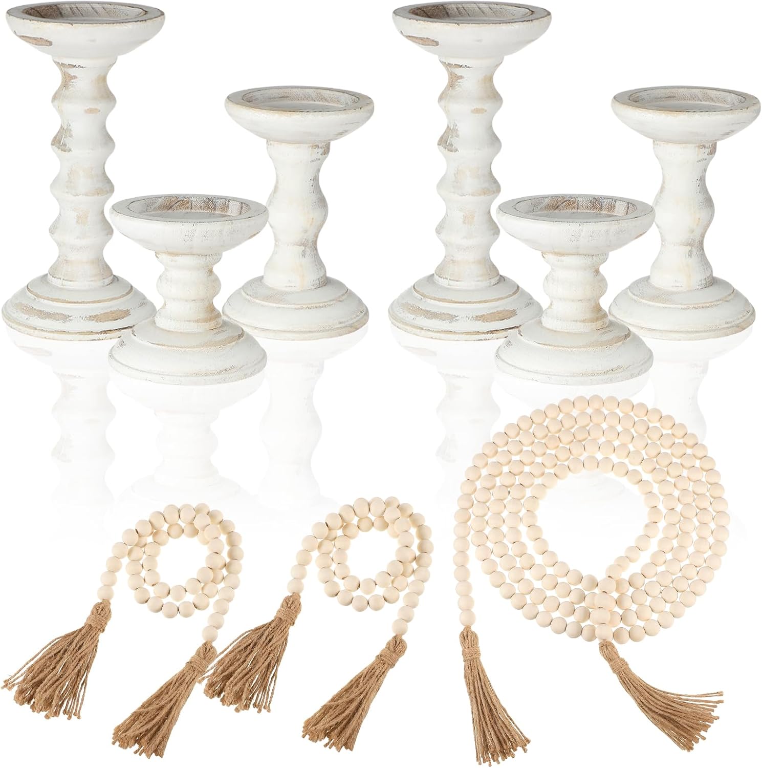 Reallnaive Set of 6 Wood Pillar Candle Holders and 3 Pcs Bead Garland with Tassels, Farmhouse Large Tall Candlestick Holder Natural Rustic 118"/39" Bead Garland Decor for Mantle Home Table Centerpiece