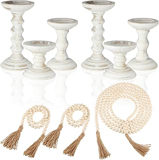 Set of 6 Wood Pillar Candle Holders and 3 Pcs Bead Garland with Tassels, Farmhouse Large Tall Candlestick Holder Natural Rustic 118"/39" Bead Garland Decor for Mantle Home Table Centerpiece