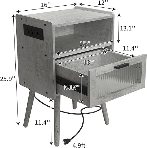 Miniatura 48 de Mesita de noche moderna de mediados de siglo con estación de carga, mesitas de noche con puerta de cristal, mesa auxiliar con espacio de Gris