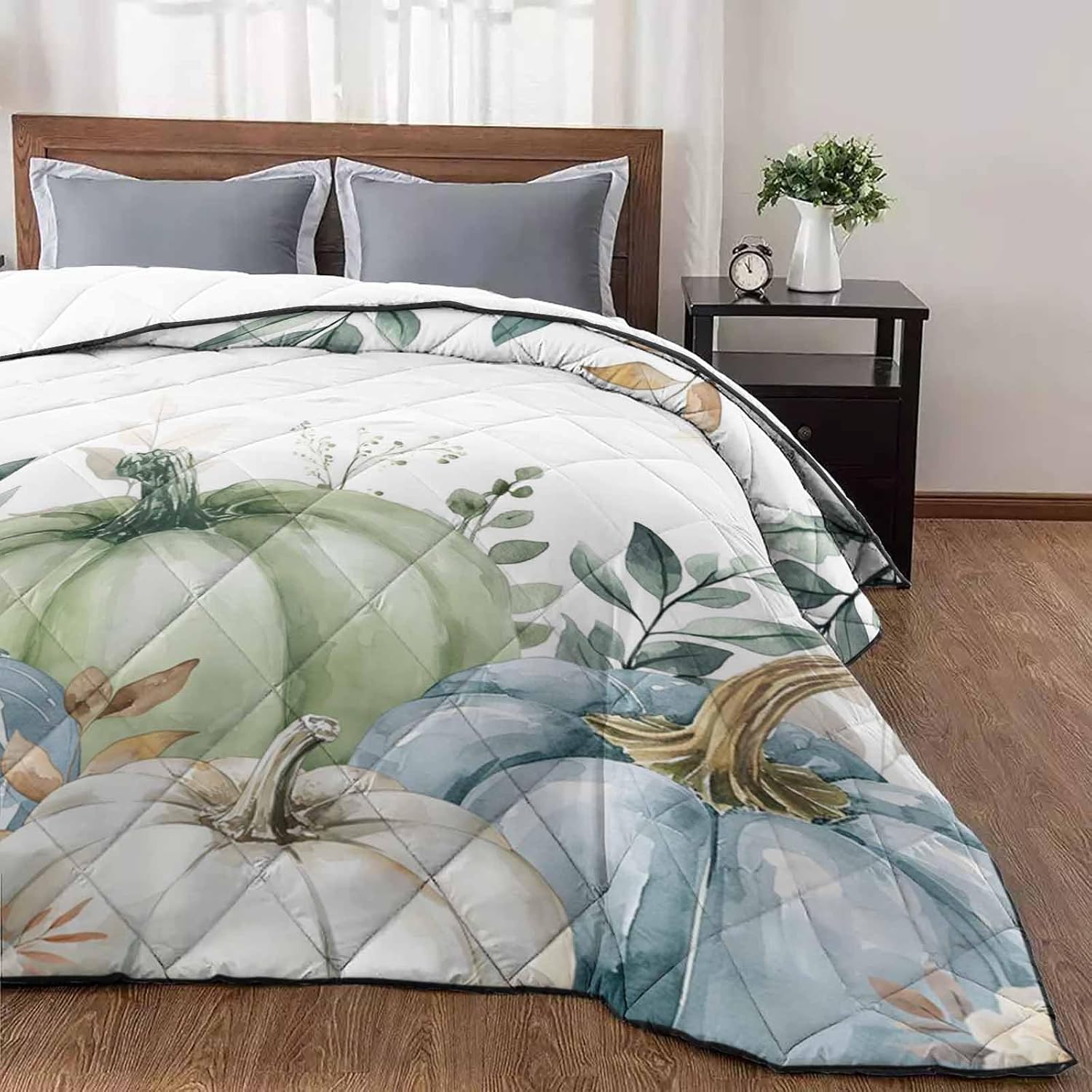 T&H XHome Quilt Full Size Luxury Quilted Comforter Bedspread-Thin Soft Cozy, Eucalyptus Leaf Thanksgiving Fall Pumpkin Patch Reversible Stitched Lightweight Quilt Coverlet for All Season