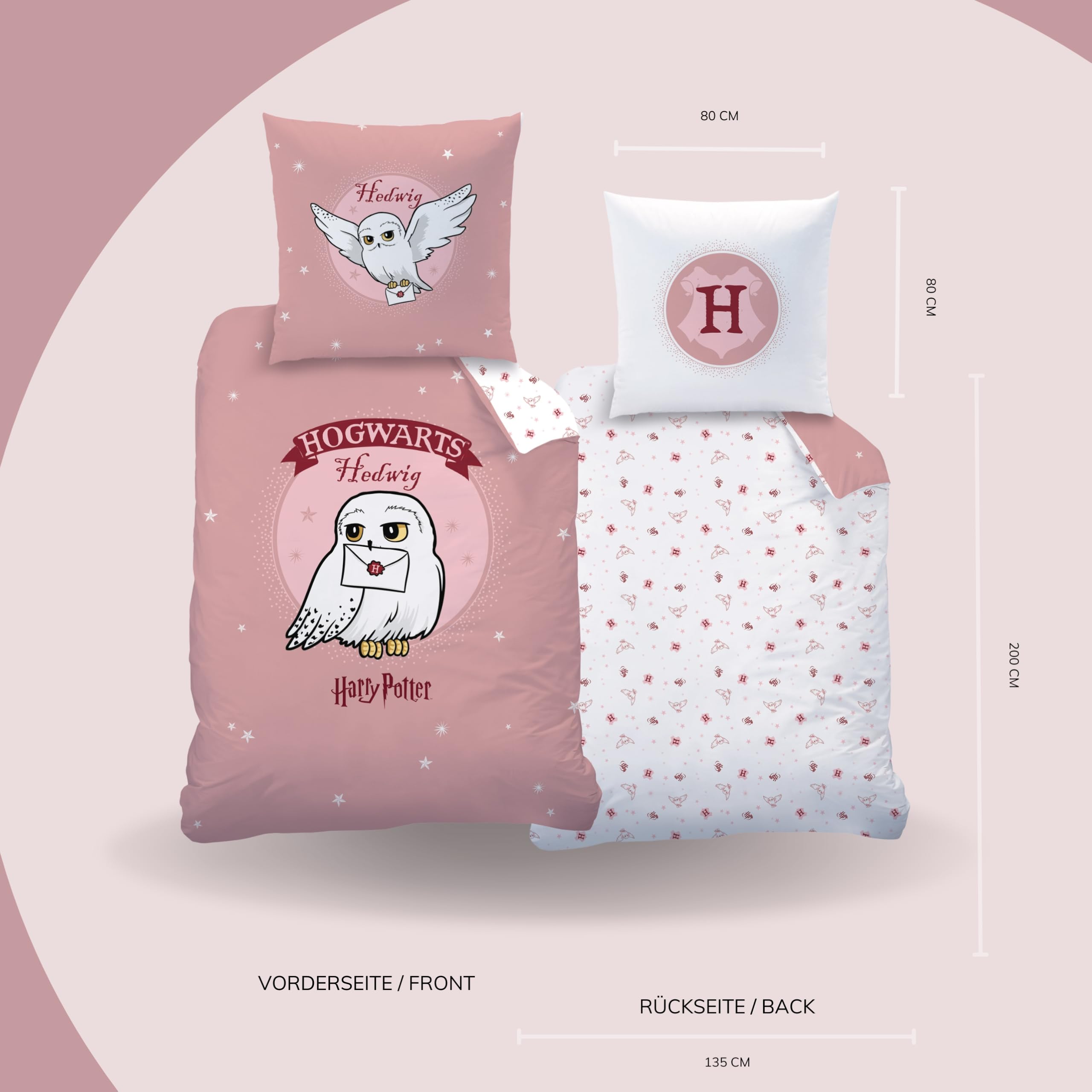 Harry Potter Bettwäsche 135x200 + 80x80 – Eule Hedwig Kinderbettwäsche – 100% Baumwolle – Wendemotiv – Mädchen Bettwäsche Set – Reißverschluss – Geschenk-Idee