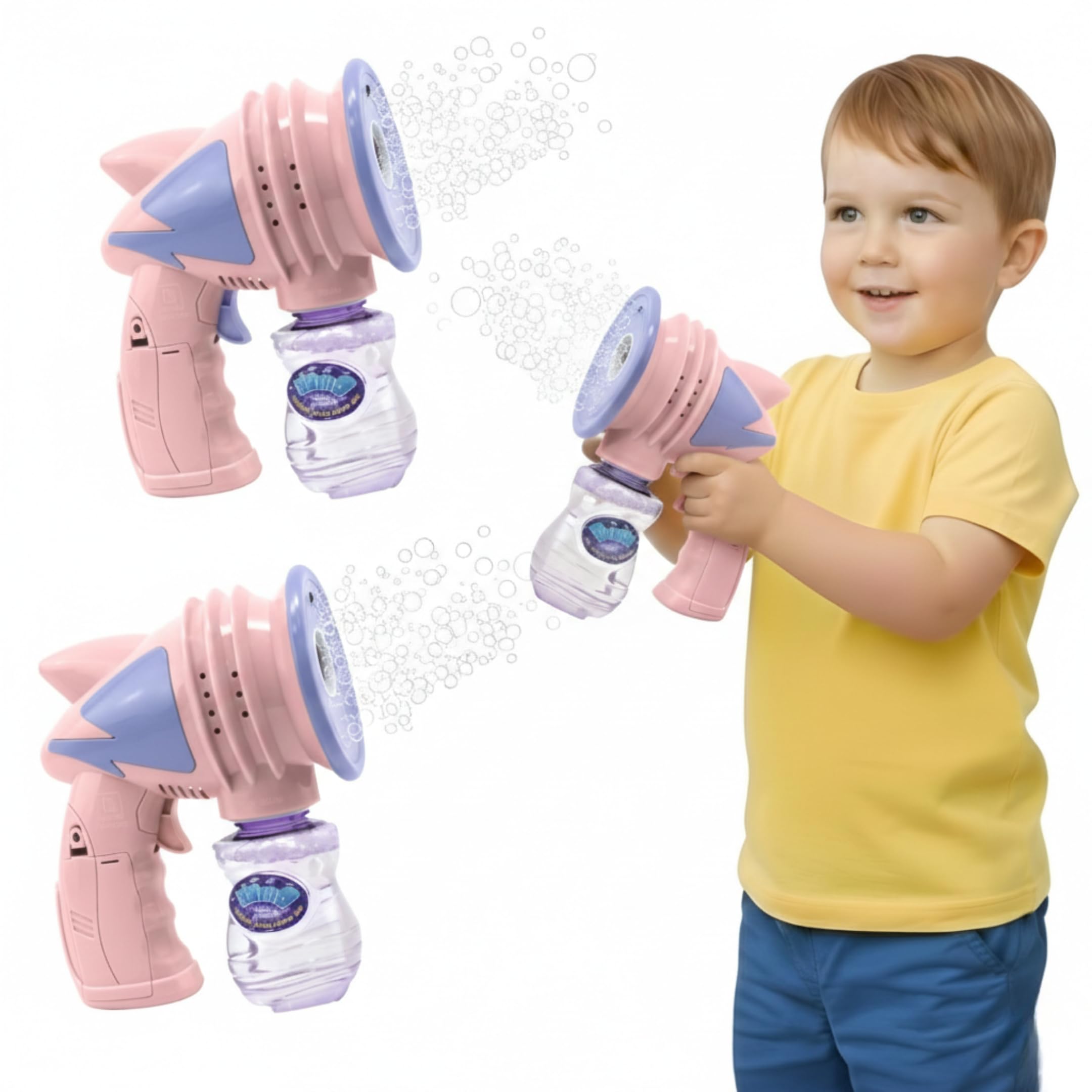 Set de 2 Pistolas de Burbujas Automatica con Luz y Musica + Botellas de Solucion – Juguete para Niños, Fiestas, Regalos y Verano al Aire Libre