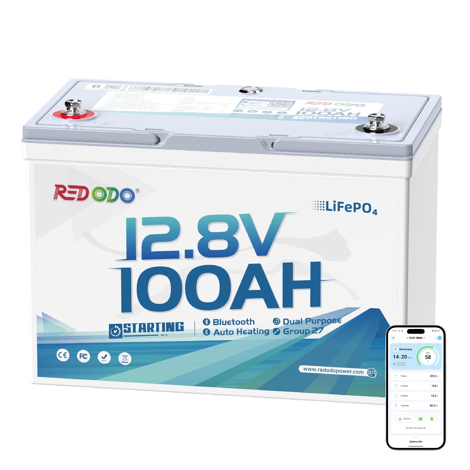 Redodo 12V 100Ah Bluetooth Dual-Purpose 900CCA Group27 Marine Battery, Starting Battery with Heating & Smart Power Retention