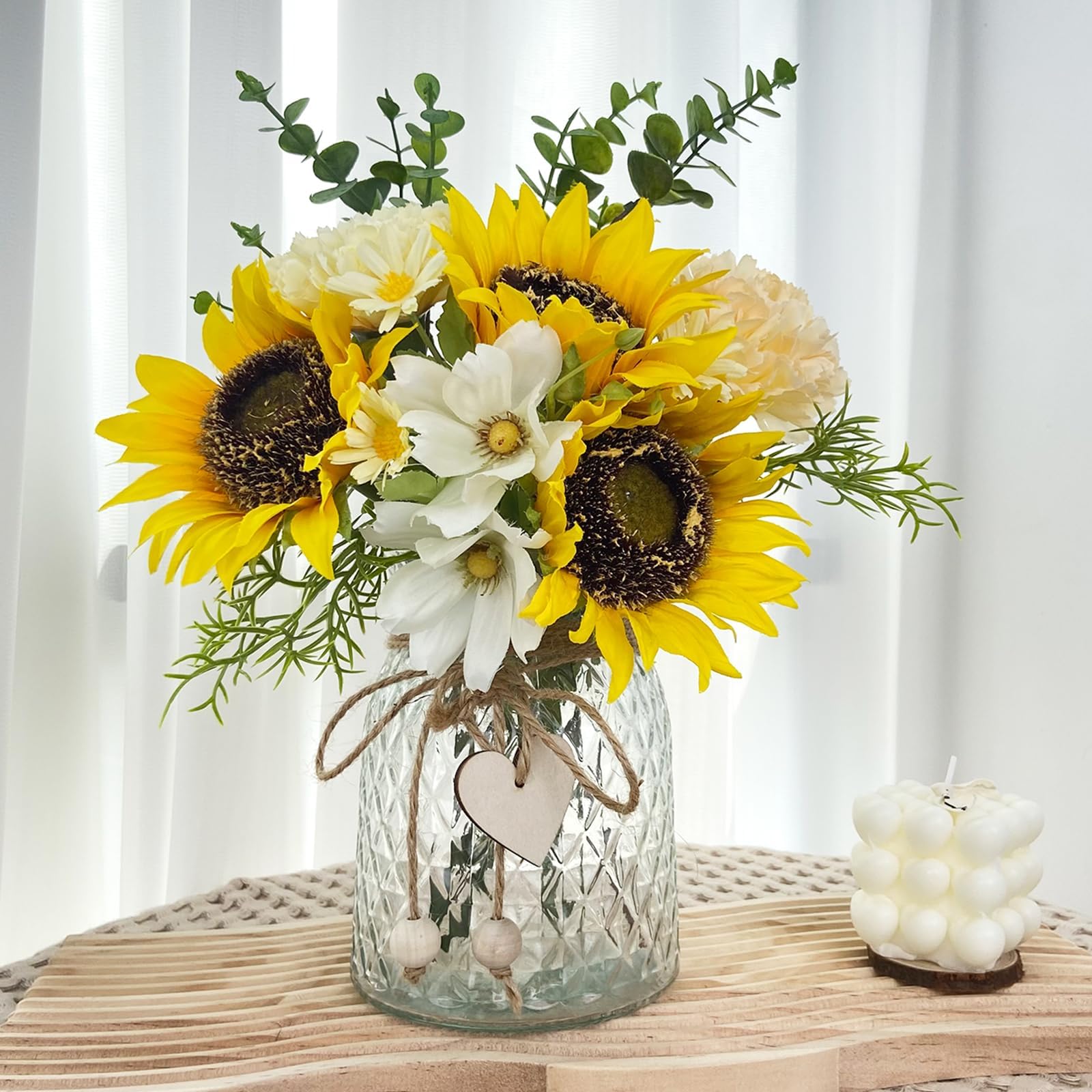 4 Pcs Artificial Sunflower Pot Silk Sunflowers Arrangement in Metal Vase Yellow