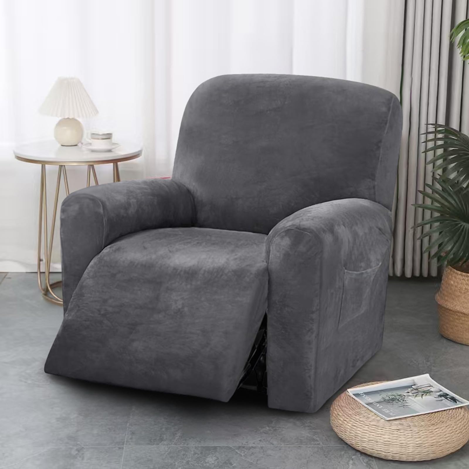 Housse de fauteuil inclinable en velours gris pour masquer l'usure et les taches