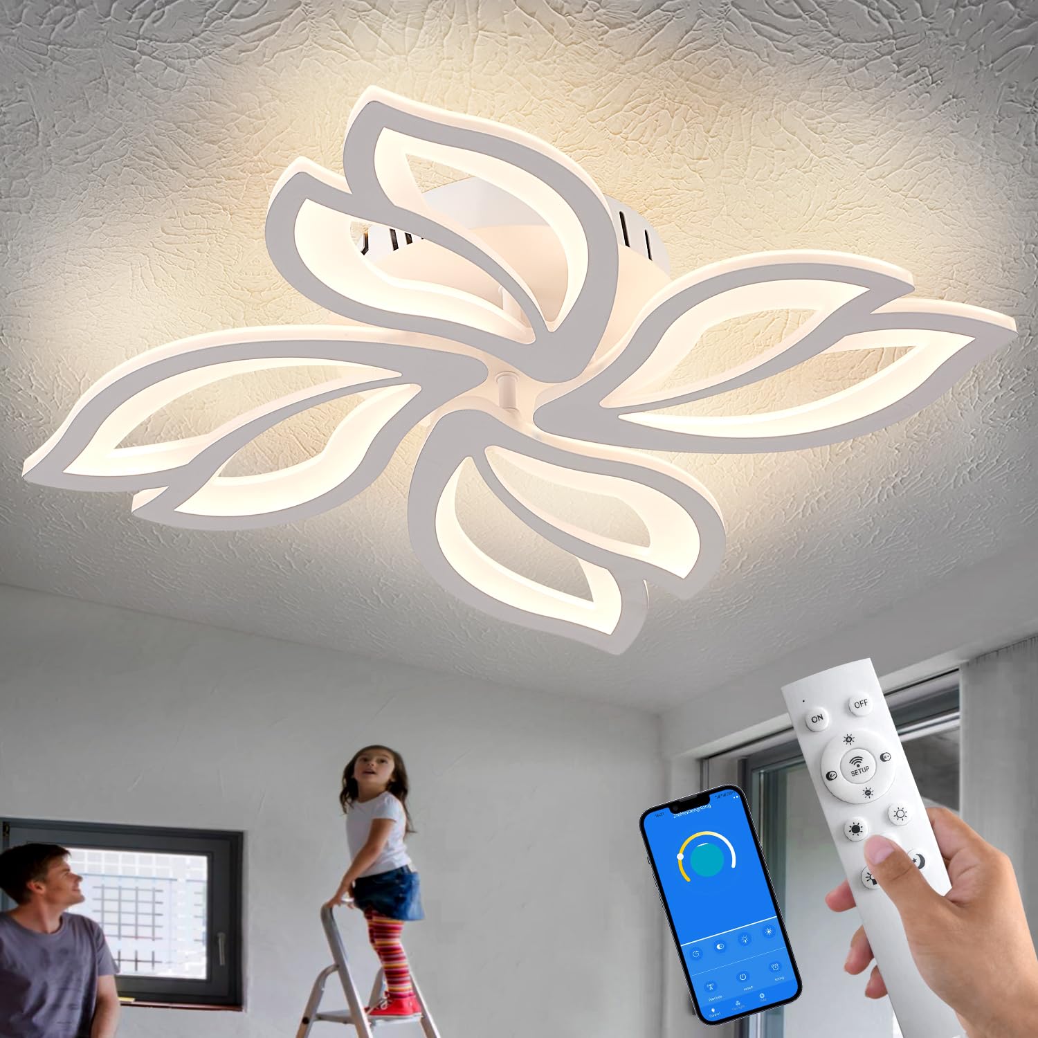 Modern LED Ceiling Light Fixture Dimmable, 28" White Modern Flower Ceiling Light With Remote Control Low Profile Flush Mount For Bedroom Kitchen Living Room White 28 Inches 172240