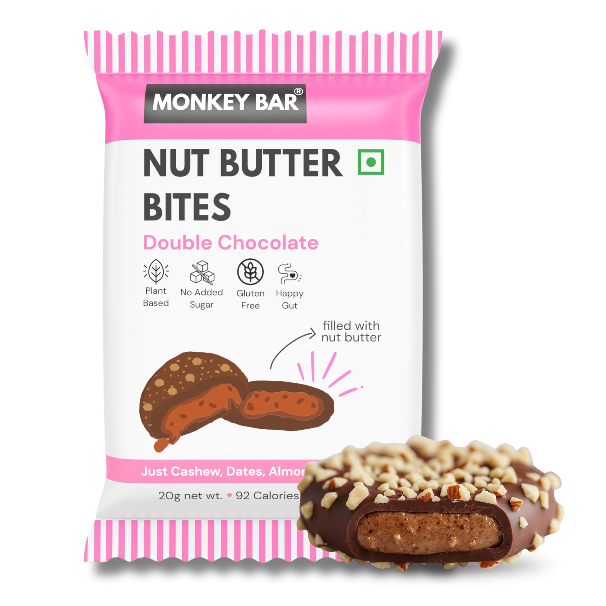 MONKEY BAR Nut Butter Bites - Double Chocolate - 55% Dark Chocolate Truffle filled with Nut Butter - Pack of 12 - No Added Sugar - Healthy Snack Gift Box