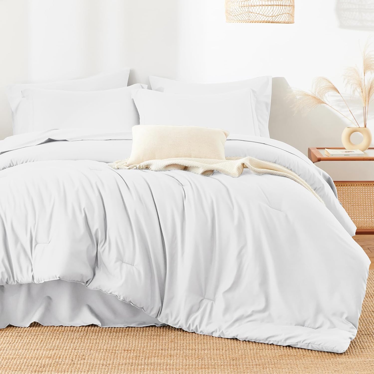 King Size Comforter Set White - 7 Pieces Bed in a Bag Lightweight Bedding Set, All Season Soft 7PC Bed Set with Comforter, Flat Sheet, Fitted Sheet, Pillowcases & Pillow Shams - Image 7