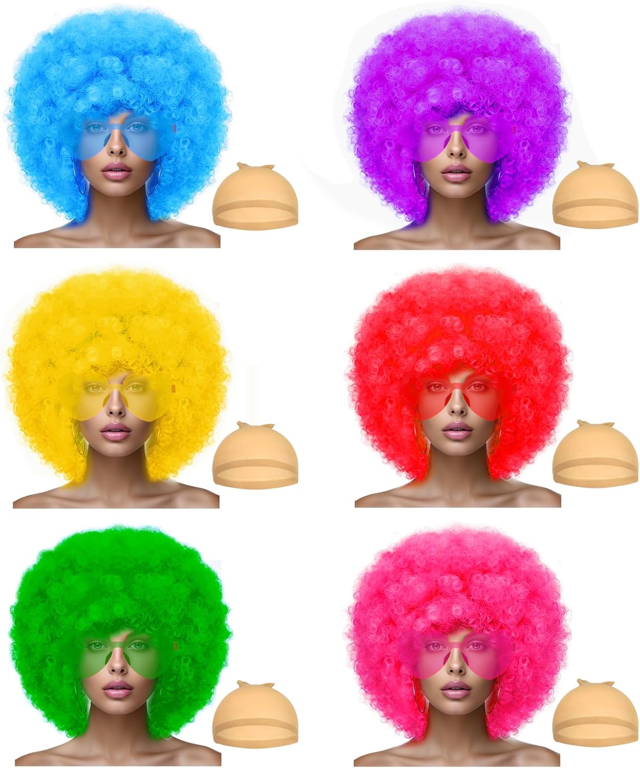 Short Bob Colors Wigs with Bangs, 6Pcs Cosplay Wig with Heart Sunglasses for Halloween Bachelor Party Decorations