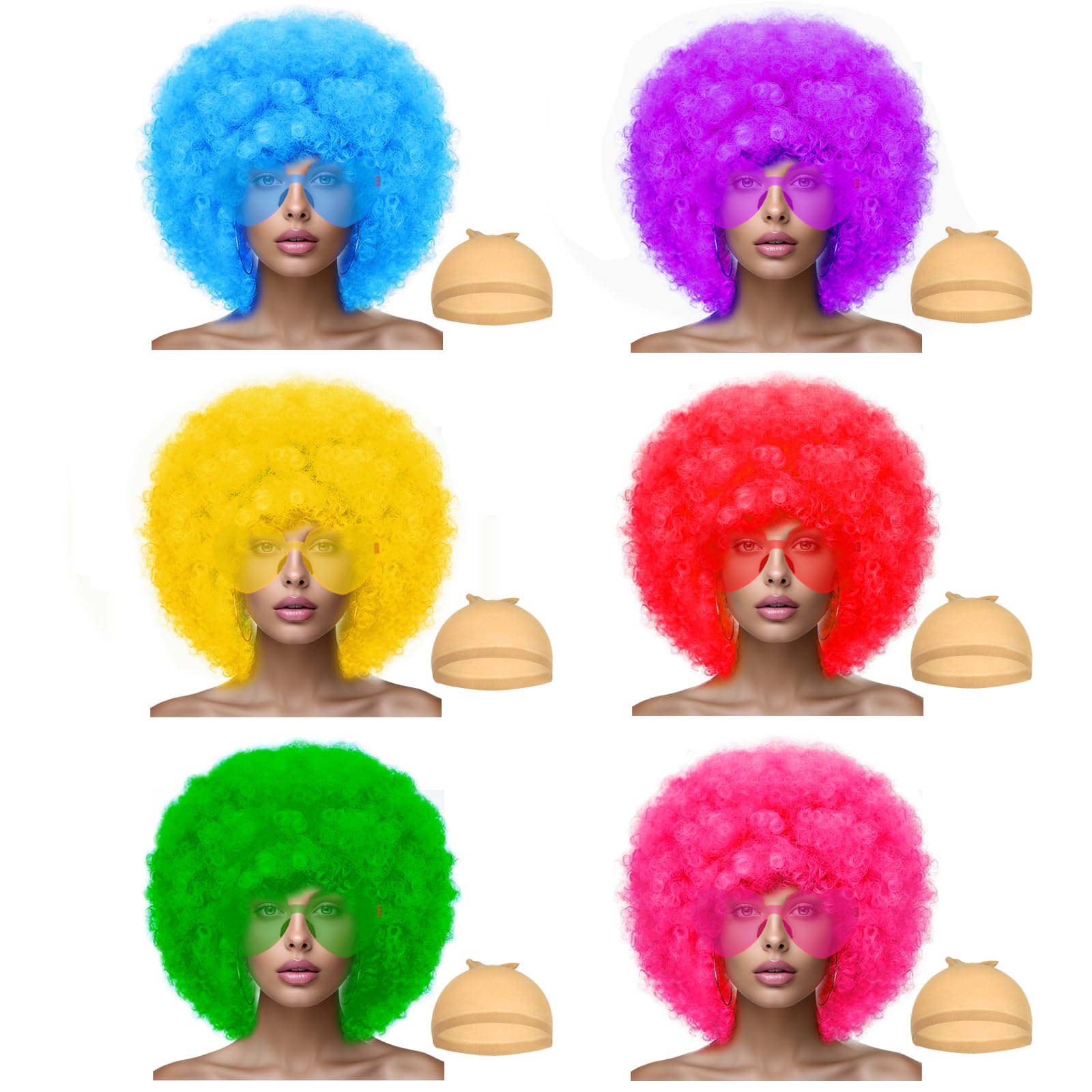 LIULIUBTY Short Bob Colors Wigs with Bangs, 6Pcs Cosplay Wig with Heart Sunglasses for Halloween Bachelor Party Decorations