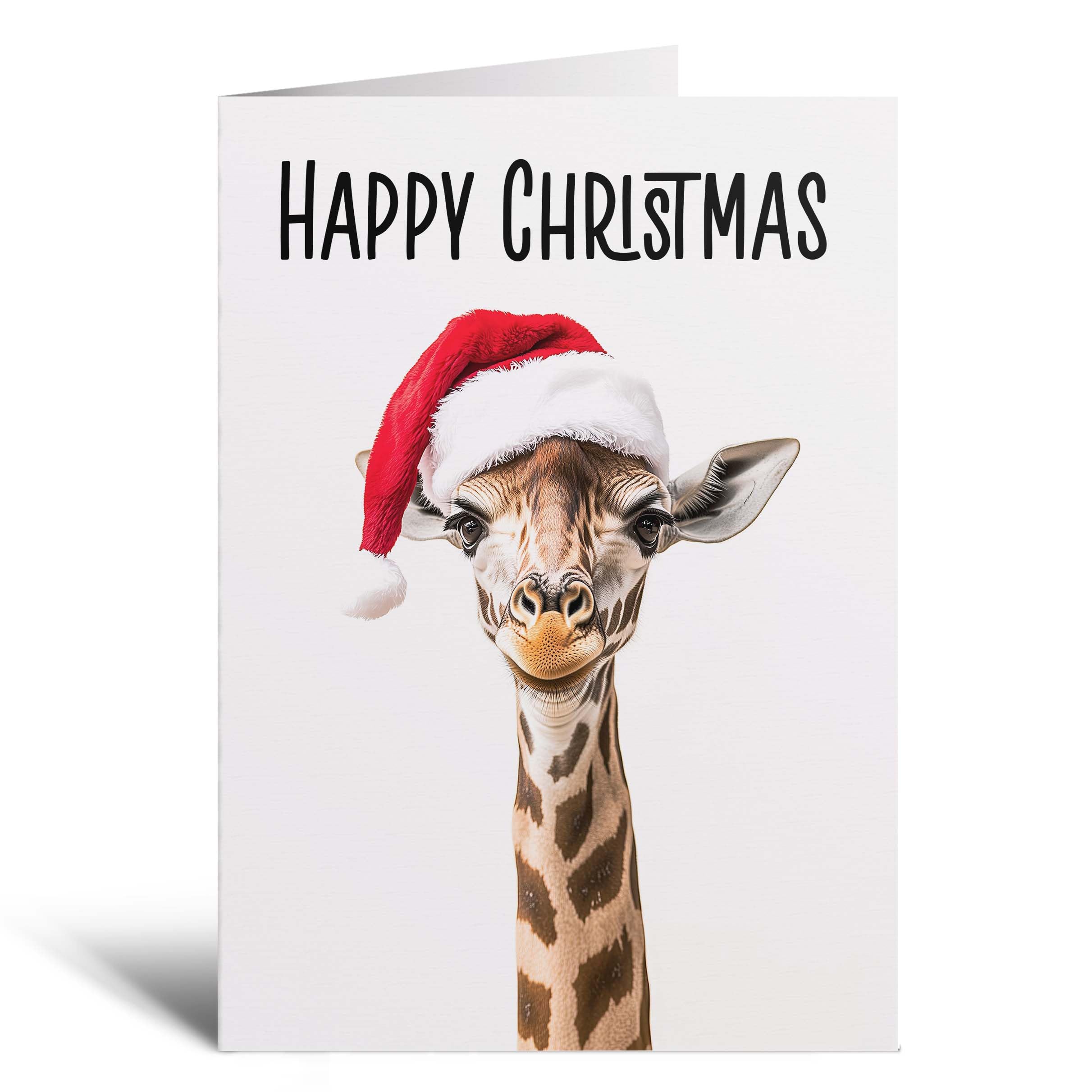 Postcard Prints - Fun Christmas Card of a Giraffe Wearing A Santa Hat Whimsical Christmas Card For Animal Lover For Him or Her - 3 Cards โ image 1