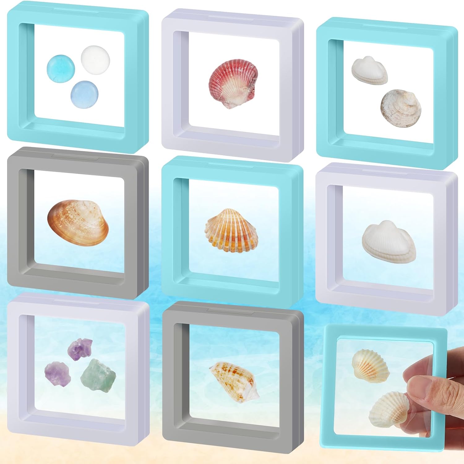 Juexica 9 Pcs Seashell Holder 3D Floating Display Box 2.7 x 2.7 Inches Transparent Display Shelf Cases for Sea Shell Collectibles, Crystal Rock, Diamonds, Jewelry, Badges Decoration(Multicolor)