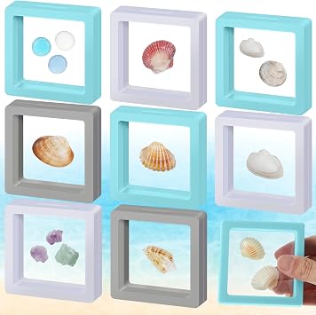 Juexica 9 Pcs Seashell Holder 3D Floating Display Box 2.7 x 2.7 Inches Transparent Display Shelf Cases for Sea Shell Collectibles, Crystal Rock, Diamonds, Jewelry, Badges DecorationMulticolor