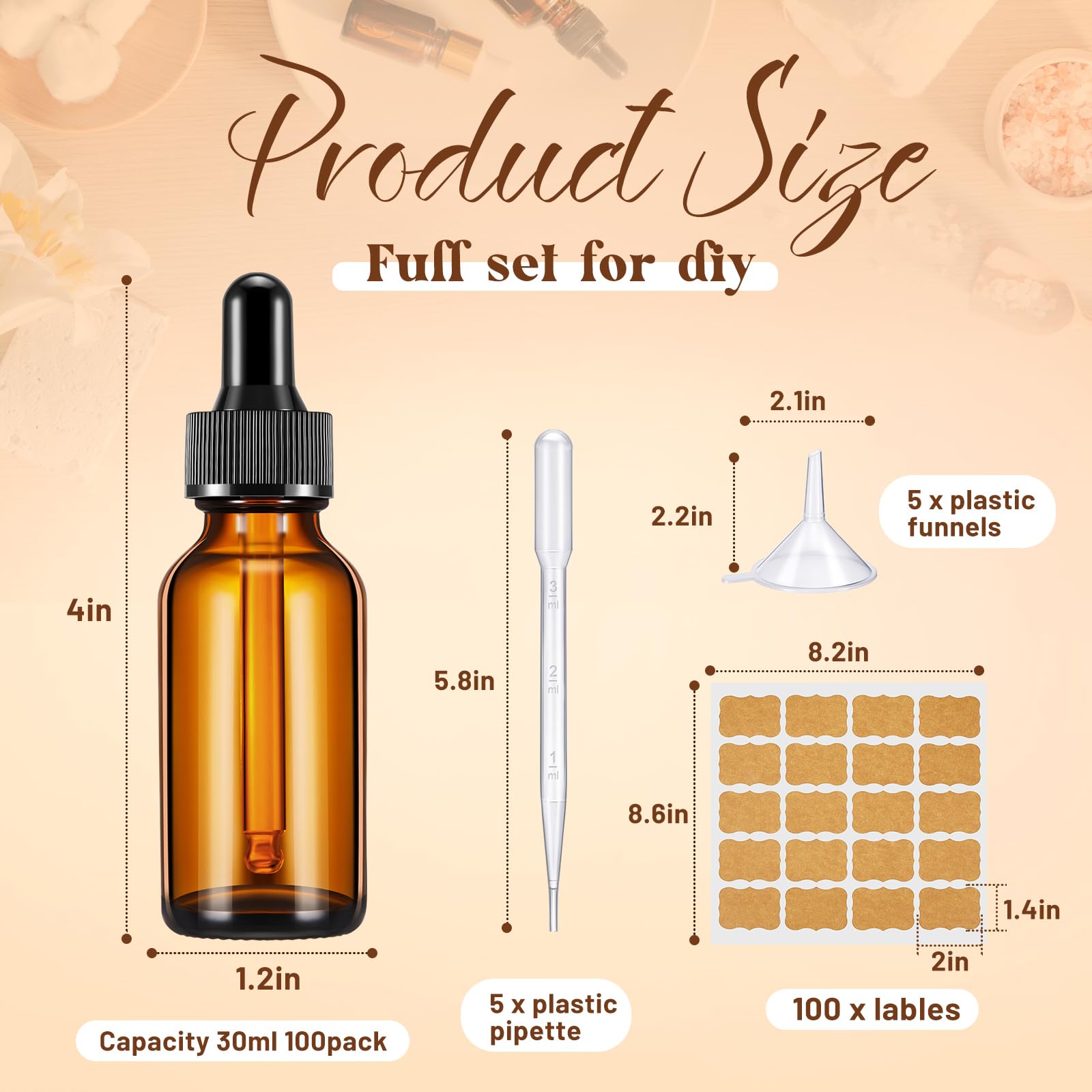 Lallisa Tropfflaschen für ätherisches Öl, 30 ml, Glas-Tropfflaschen mit Augentropfenspender, Tropfflasche mit 5 Trichtern, 5 Pipetten, 3 ml, 100 Etiketten für ätherisches Öl, Parfüm (Bernstein), 100