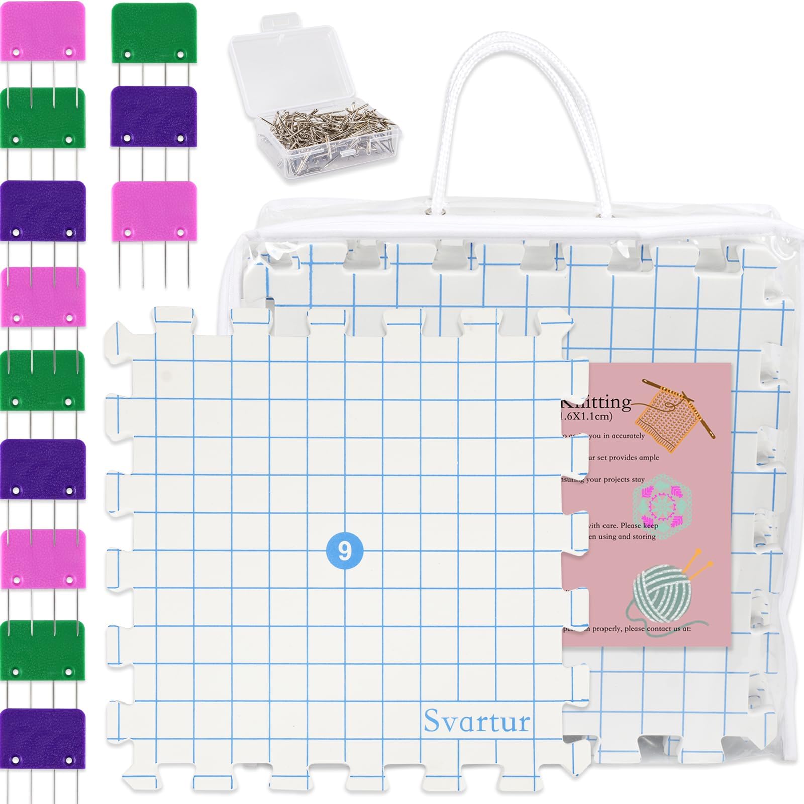Svartur Interlocking Blocking Mat for Knitting and Crochet Projects, 9 Pack Knitting Blocking Mats with Blocking Comb Pins, T-pins, Crochet Blocking Board, Knitting Mat with Grid Line, Storage Bag