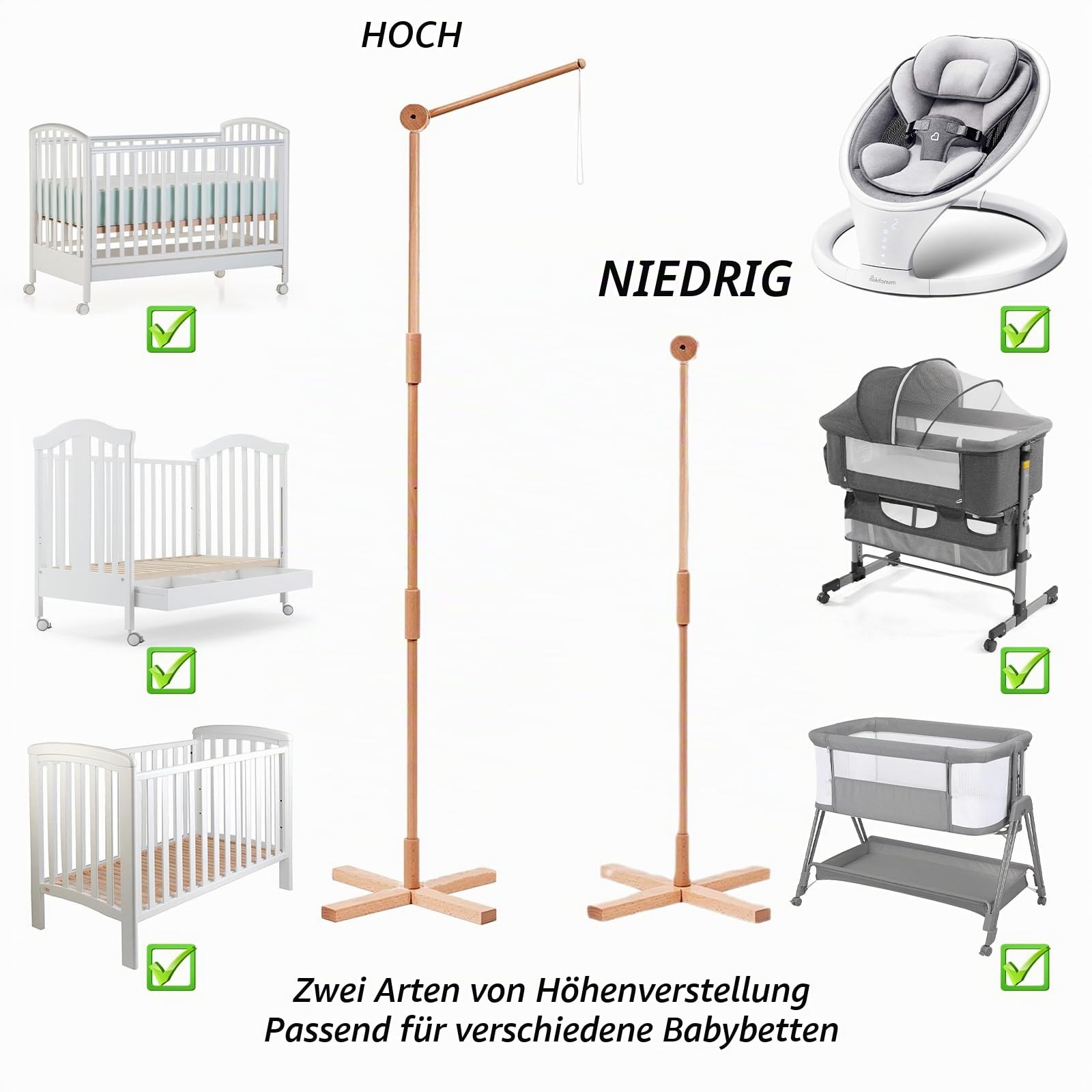 PORFOYO Mobile Halterung Holz, 1.6 M Minimalistisches Design Babybett Mobile Halterung, Stabile Struktur Holz Mobile Halterung Wickeltisch, Universelle Verwendung Mobile Halterung Holz