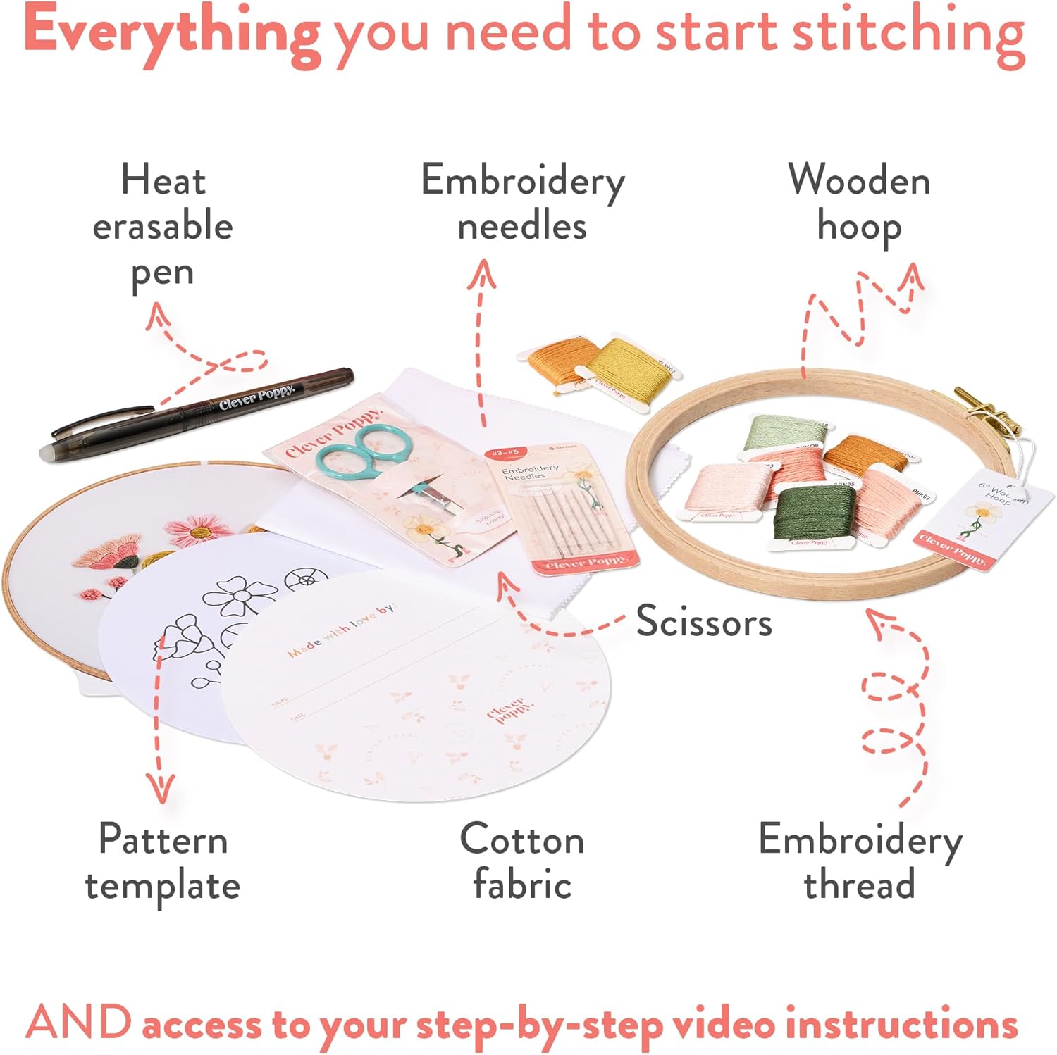 Clever Poppy Sunset Meadow Beginner Embroidery Kit – Easy Embroidery Kit for Beginners with Hoop, Thread & Patterns – Hand Embroidery Kit for Adults and Teens – Complete Embroidery Starter Kit